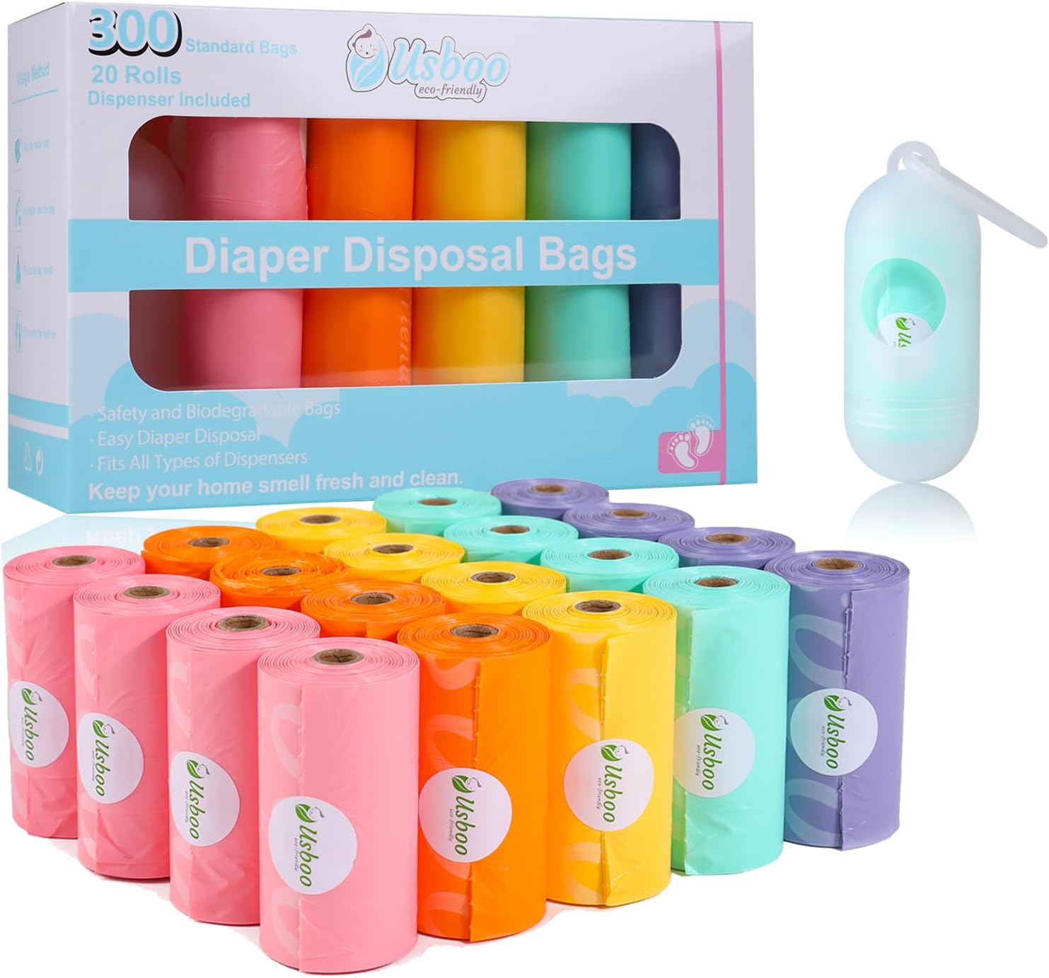 Diaper Bags Disposable for Baby, 20 Refill Rolls/300 Bags Waste Bags with Dispenser, Convenient and Quick Diaper Disposal, Rainbow