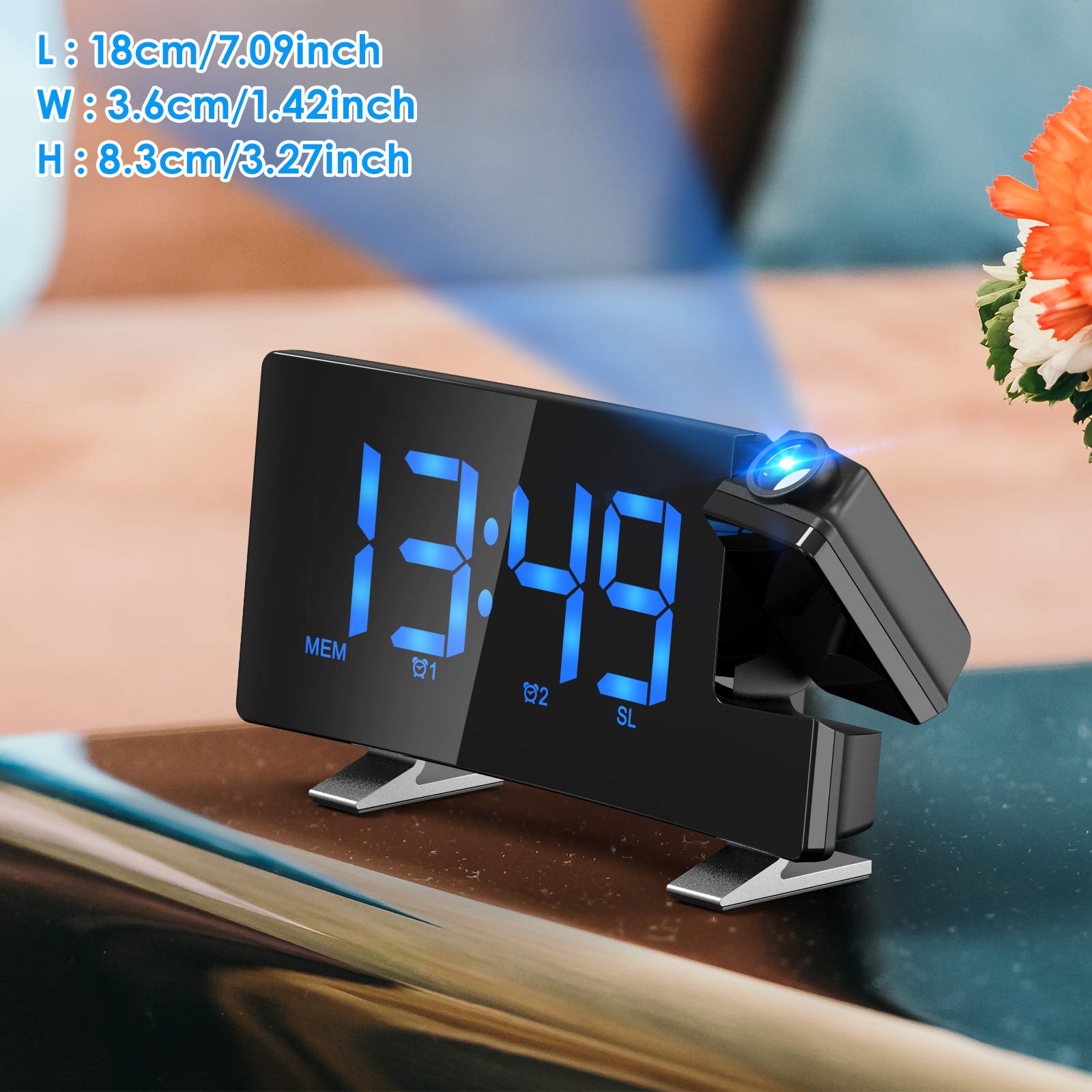 TAKRINK Sveglia con Proiettore Radiosveglia Digitale da Comodino 12/24H Display LED a 180° Luminosità a Proiezione Rotante Regolabile con Sveglie FM Radio 2 e Cavo USB