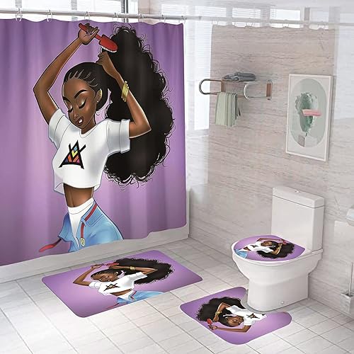 DDS-DUDES Juego de 4 cortinas de ducha negras para mujer, cortina de ducha impermeable para baño con alfombras antideslizantes, cubierta de inodoro