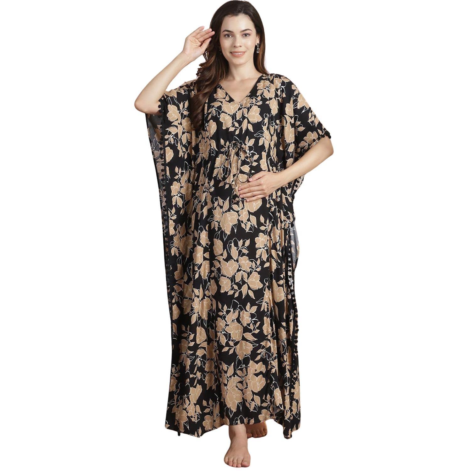 Rayon Maternity Kaftan Nighty/Free Size/Feeding/Nursing/Zipper/Drawstring/Printed/Full Length-image-5