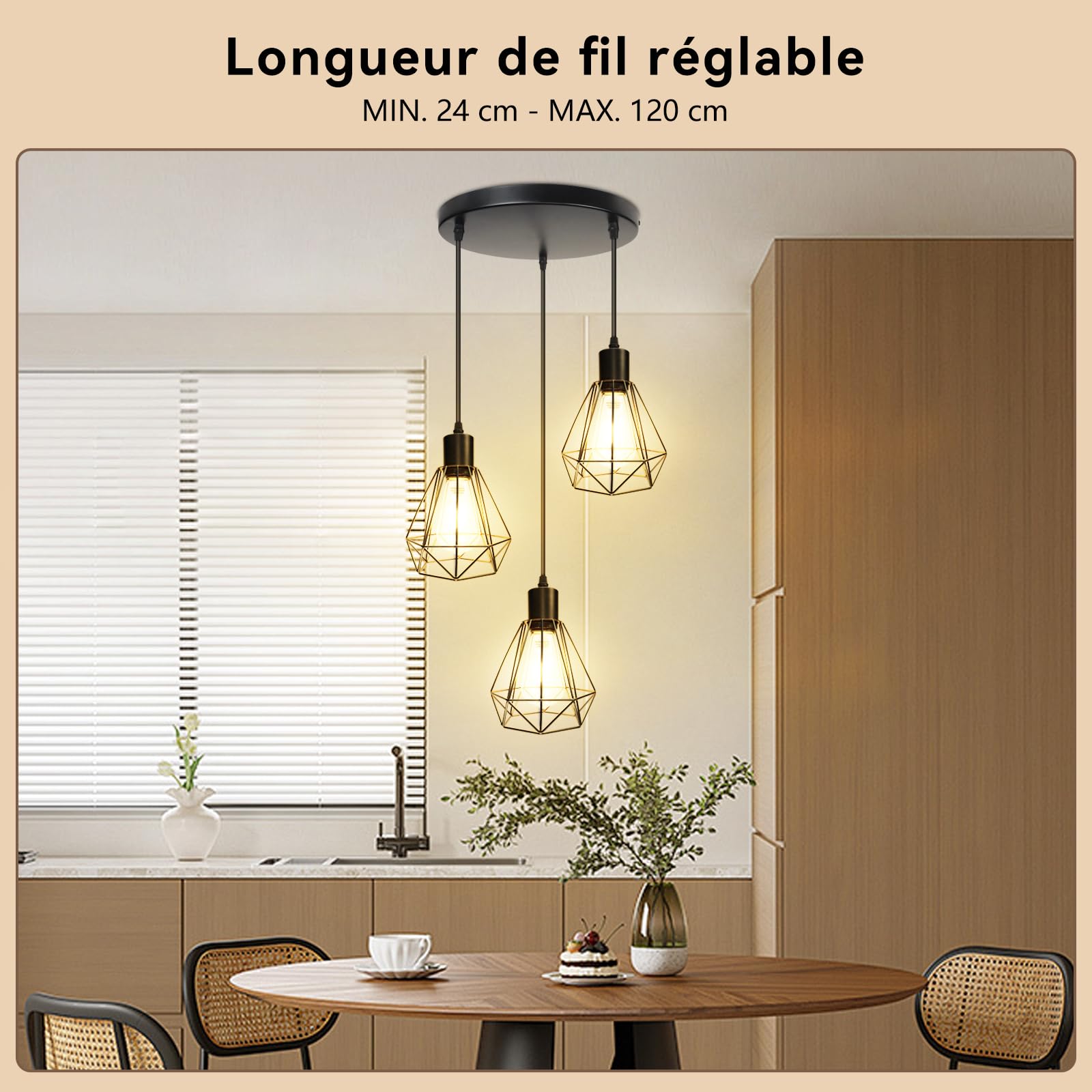 HiBay Suspension luminaire,Luminaire Industrielle Plafonnier 3 Lampes E27 Plafonnier Luminaire Design Métal Cage pour Restaurant Salon Chambre Cuisine Bar Couloir (sans ampoule)