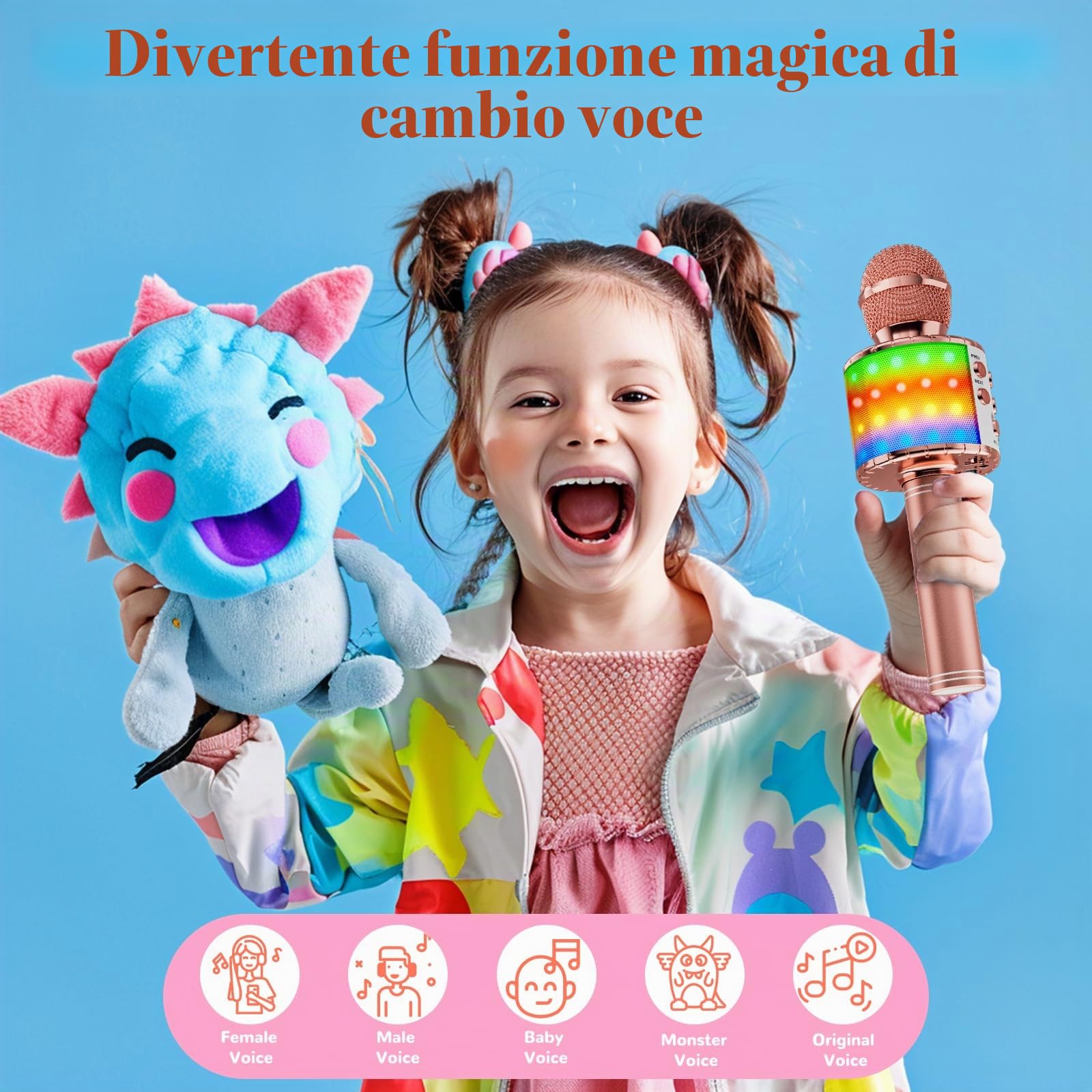 Ankuka Microfono Karaoke Bluetooth Wireless per Bambini 3-12 Anni Cambia Voce, Compatibile Android iOS PC Oro Rosa