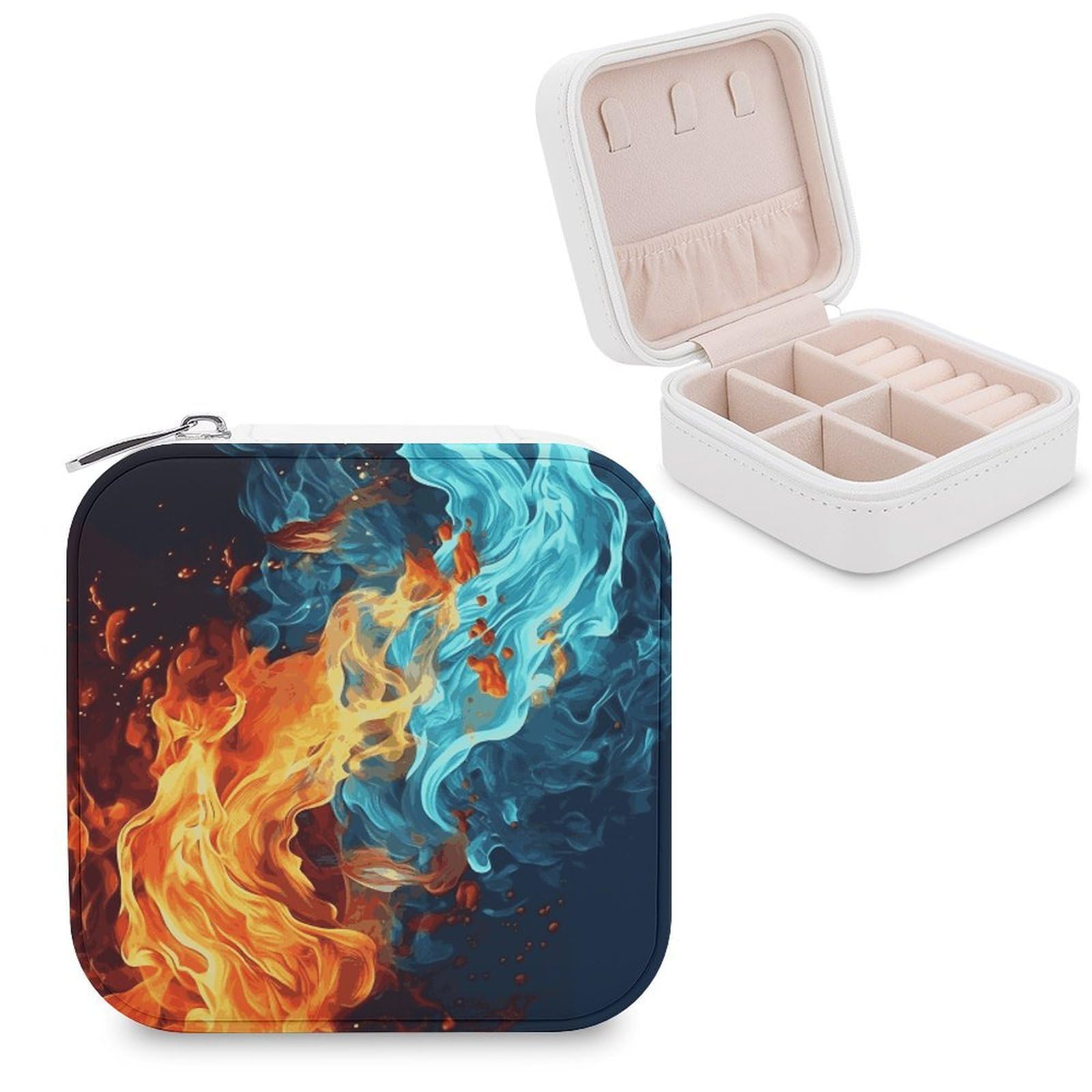 JTREHY Travel Fire And Water Pattern Jewelry Case Portable Display Storage Box PU Leather Mini Jewelry Travel Case Personalized Travel Jewelry Organizer Small Jewelry Box for Women