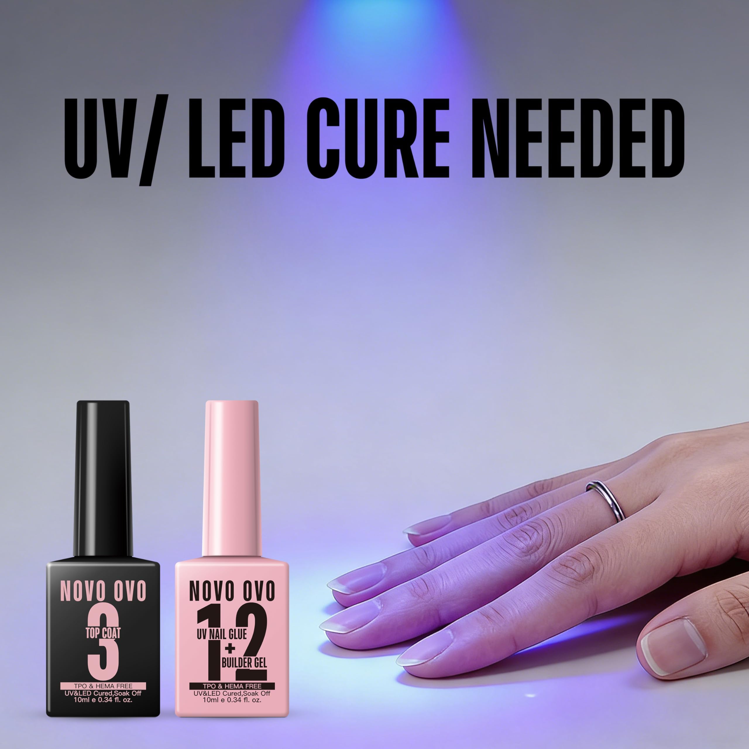 NOVO OVO UV klej do paznokci i żel budujący 2 w 1, zestaw bez potrzeby wycierania, top coat do wstępnie przyciętych francuskich końcówek, HEMA TPO FREE, ekstra mocne trzymanie do akrylowych paznokci