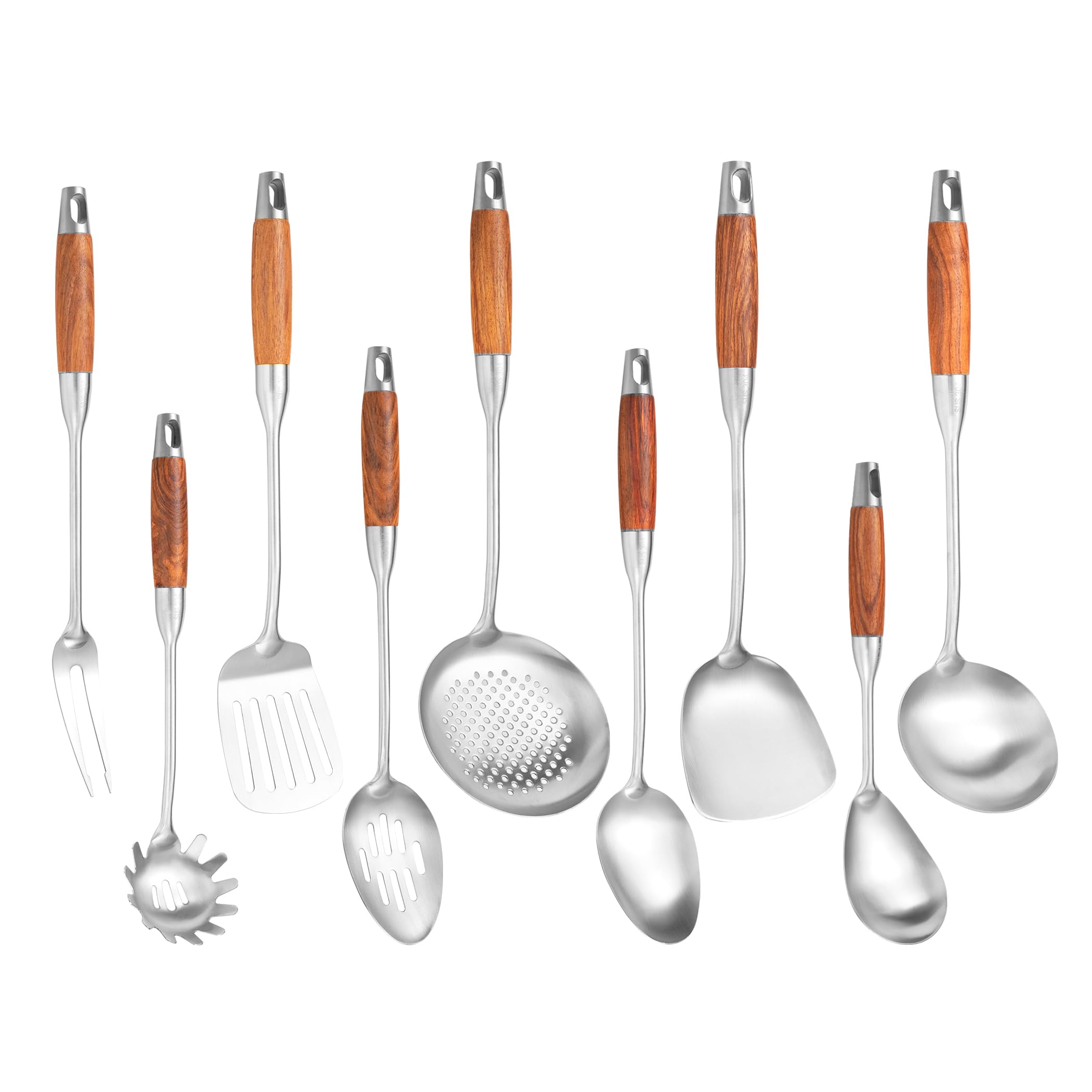 Küchenutensilien-Set aus 304 Edelstahl mit Holzgriff zum Kochen, 9-teilig, mit solidem Löffel, Schlitzlöffel, Gabel, Pfannenwender, Schöpflöffel, Schaumlöffel, Spaghetti-Löffel, großem Löffel