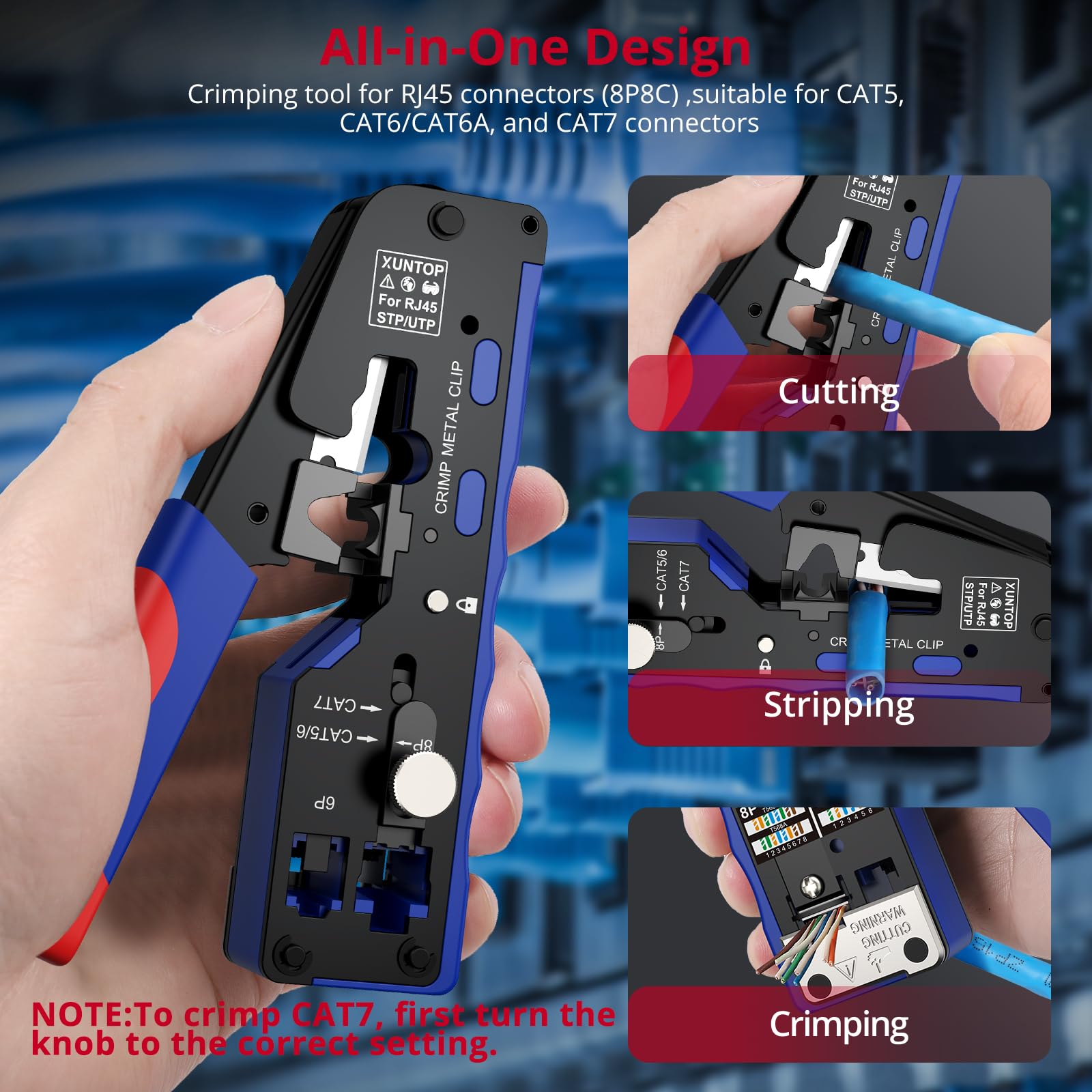 XUNTOP Crimpadora RJ45 Herramienta de Crimpado para Cat5 Cat6 Cat6a Cat7 Ethernet con Comprobador de Cables Kit 100 Piezas