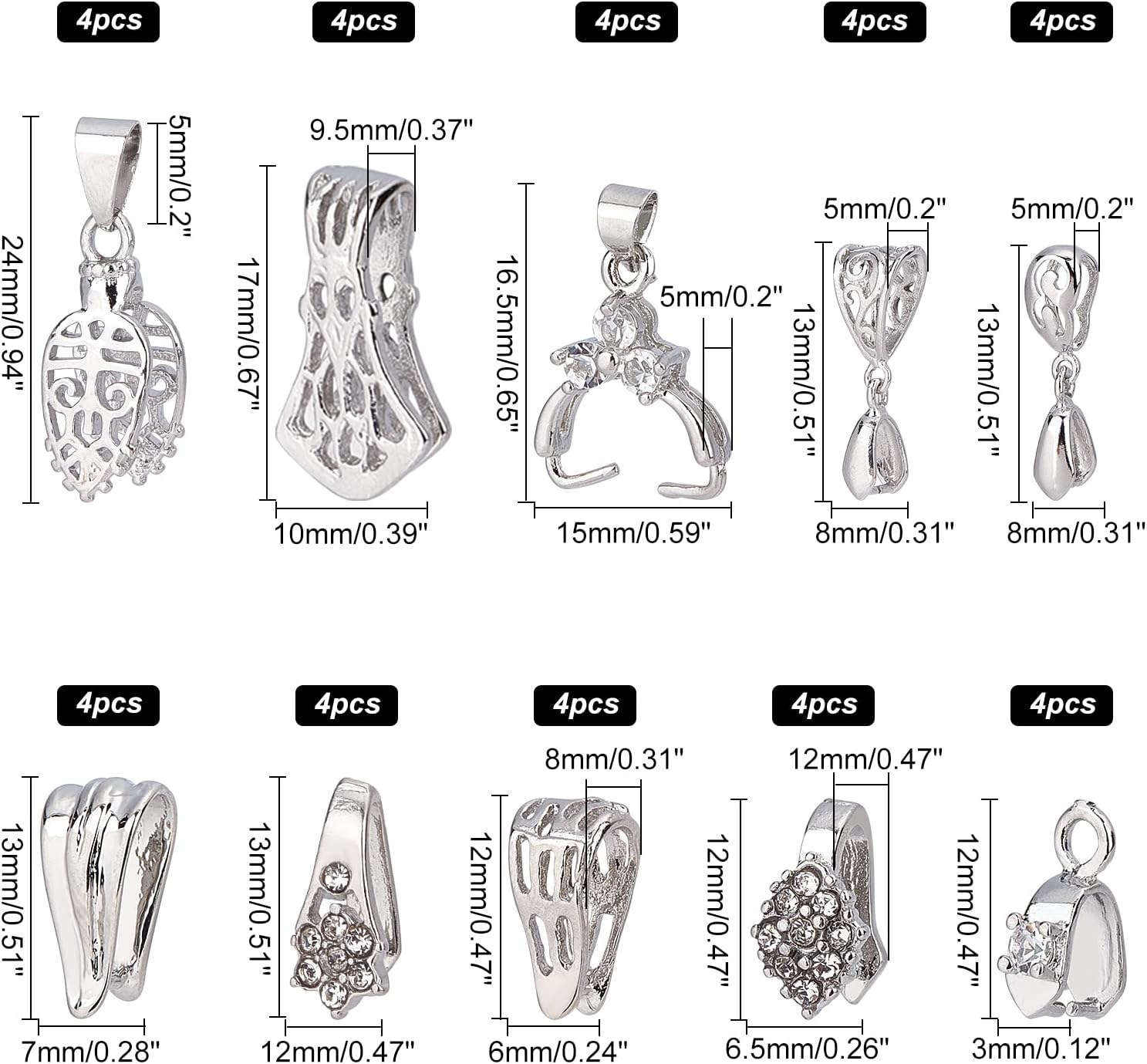 SUPERFINDINGS 10 Styles 40Pcs Pinch Clip Bail Clasps Brass Pinch Clips 12/13/16.5/17/24mm Bail Clasp Dangle Charm Bead Pendant for Necklace Jewelry Buckles & DIY Craft Making - Image 5