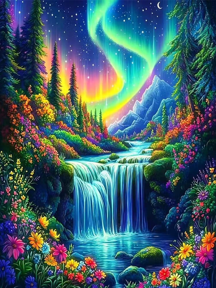 TYPUSOK Aurora Diamond Art Kits for Adults,Waterfall Round Full Drill 5D Diamond Painting Kits for Beginners,Landscape DIY Diamond Dots Pictures Gem Art Kit,Home Wall Decor 12x16in