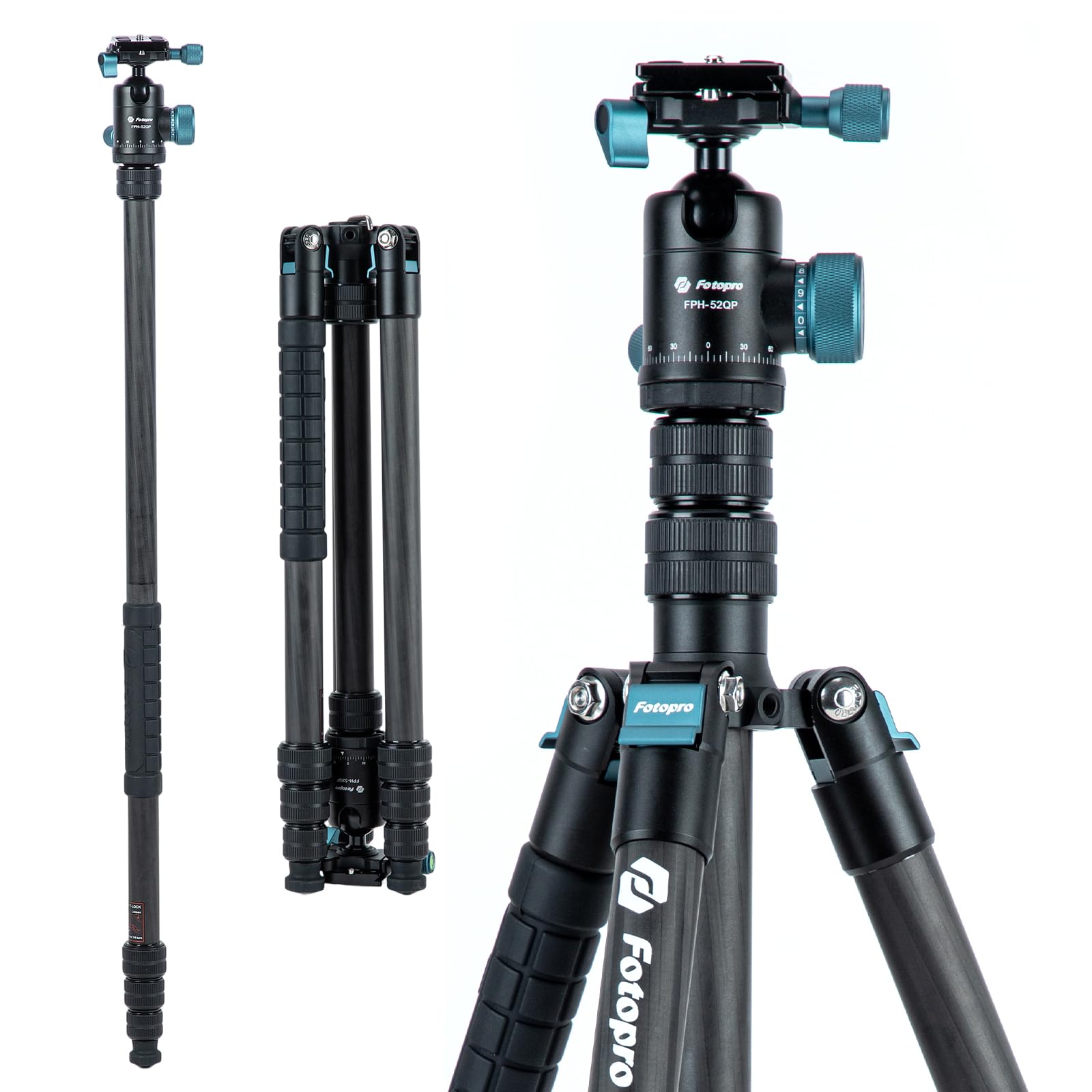 Fotopro 73"/185cm Carbon Fiber Travel Tripod for Camera, 360° Panorama Ball Head, Arca Quick Release Plate and Bag, Detachable Monopod for DSLR Camera Camcorder, Load up to 22lbs/10kg. X-Go Plus Blue
