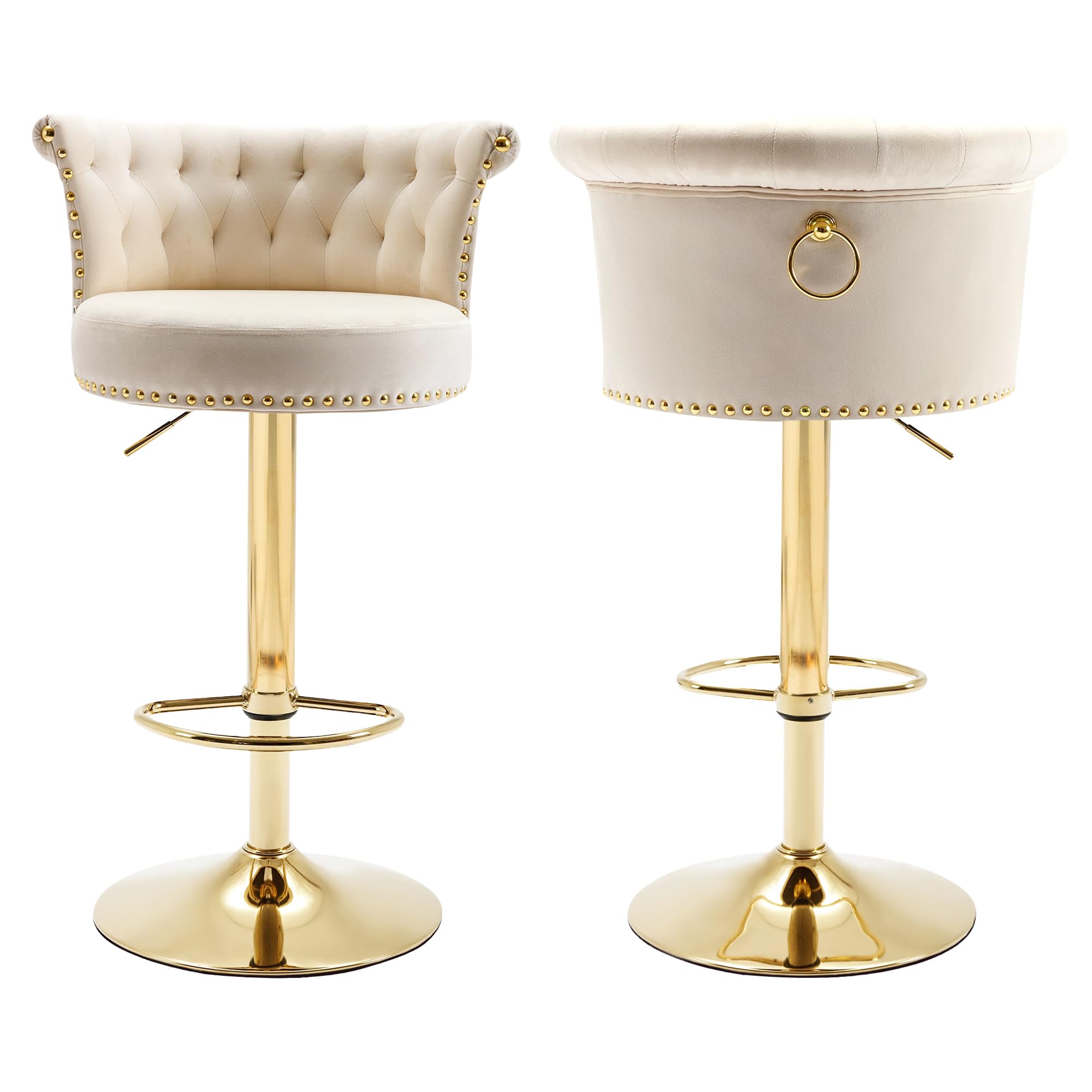 SLEERWAY Bar Stools Set of 2, Modern Adjustable Swivel Barstools, Upholstered Tufted Velvet Counter Height Bar Stools Chair with Back and Footrest for