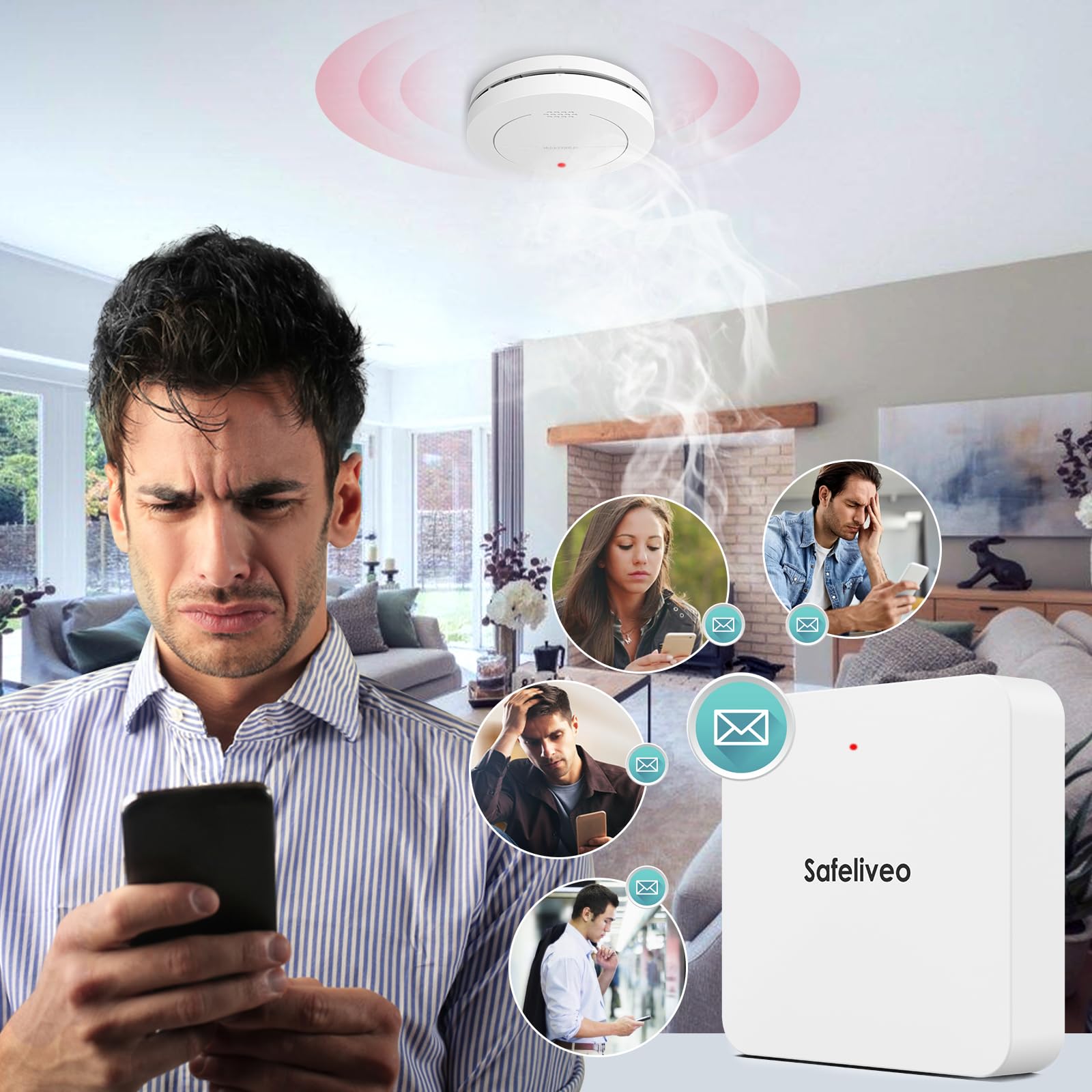 Safeliveo Detector de Humo interconectado WiFi, Detector de Humo con batería de 10 años, Juego de 5 con estación Base, Certificado TUV Rheinland, Juego de Alarma de Humo con Control por aplicación.