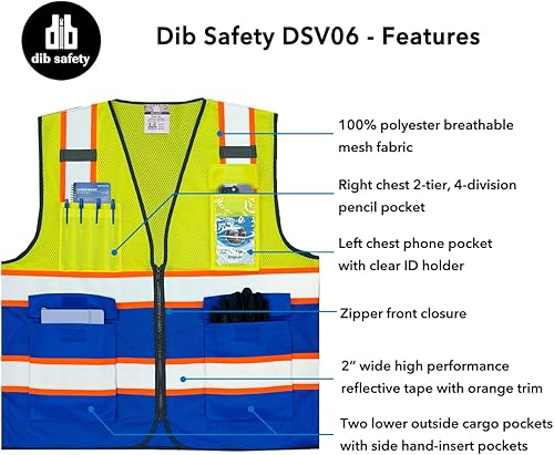 Miniatura 10 de Chaleco reflectante de alta visibilidad en dos tonos con bolsillos y cremallera, cumple con ANSI Clase 2, amarillo con ribete naranja, XL