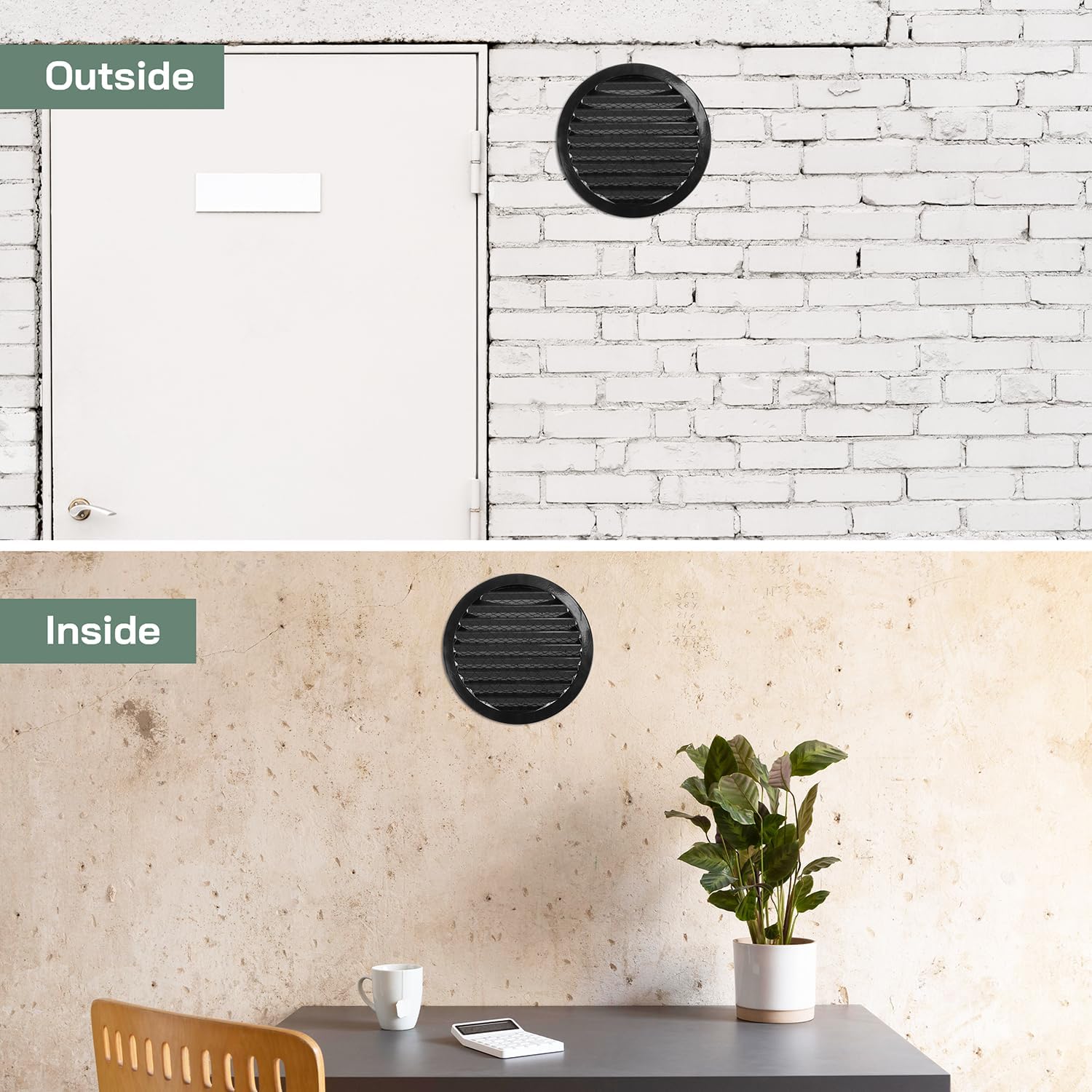 Vent Systems 8" Inch Soffit Vent Cover - Black Round Air Vent Louver - Grill Cover - Built-in Mesh Screen - HVAC Vents for Outside Use, Home Office, Kitchen - Industrial Aluminum Alloy Grille