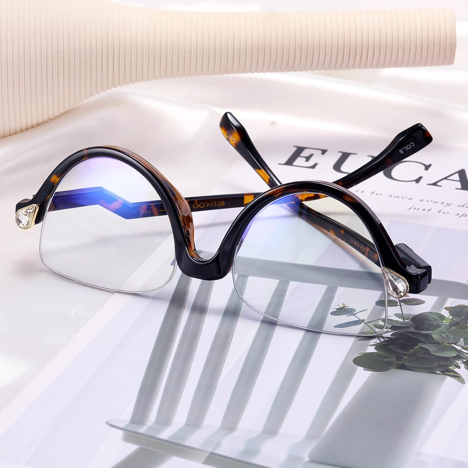 MORESHINE Fashion Blue Light Blocking Glasses for Women Clear Lens Non Prescription Semi-Rimless Half Frame CZ Diamond image 2