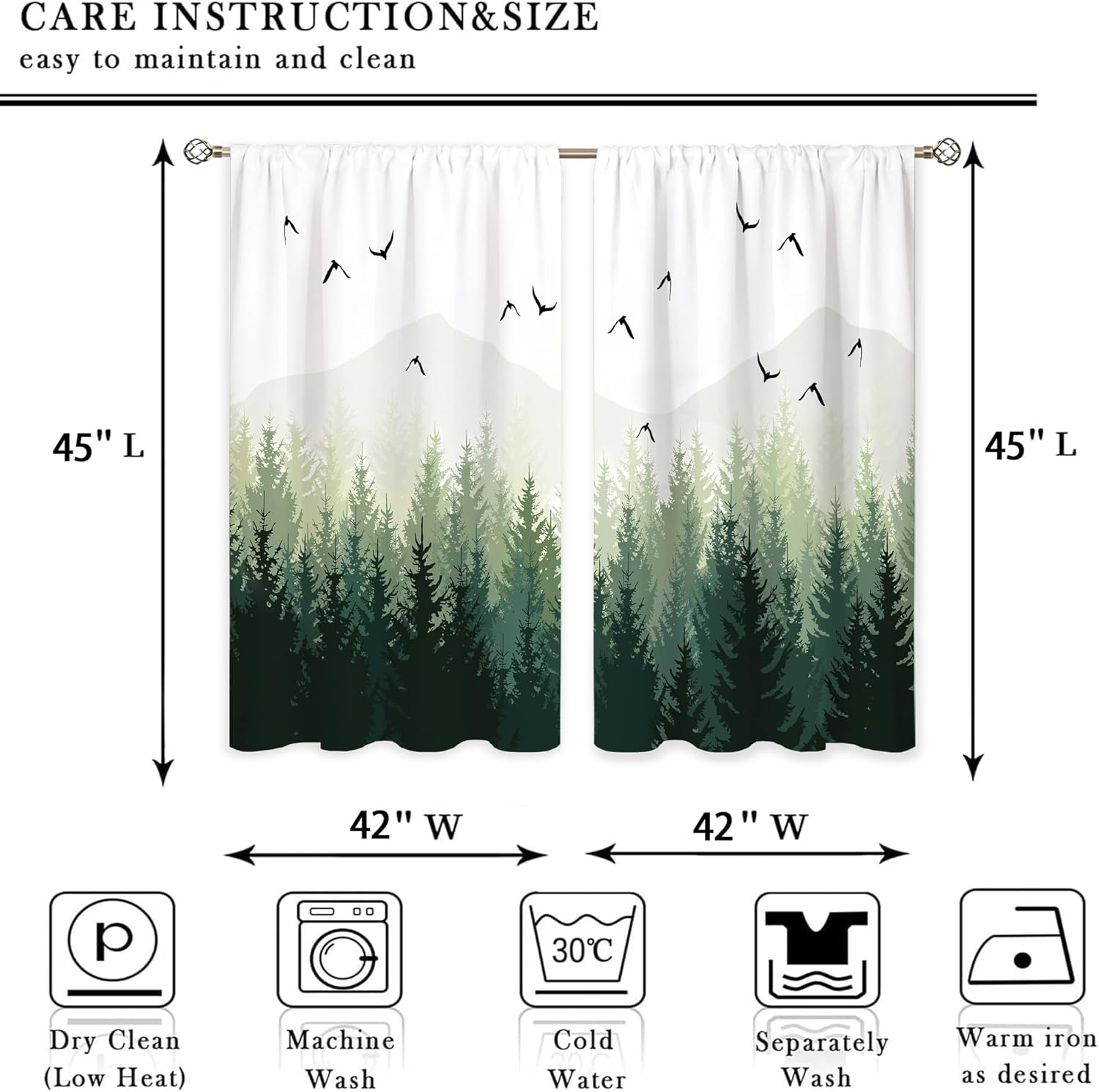 Green Misty Forest Window Curtains Nature Pine Tree Woodland Rod Pocket Mountain Landscape Bird Curtain Drapes Curtains for Bedroom Living Room Treatment 2 Panels 42Wx45H Inch