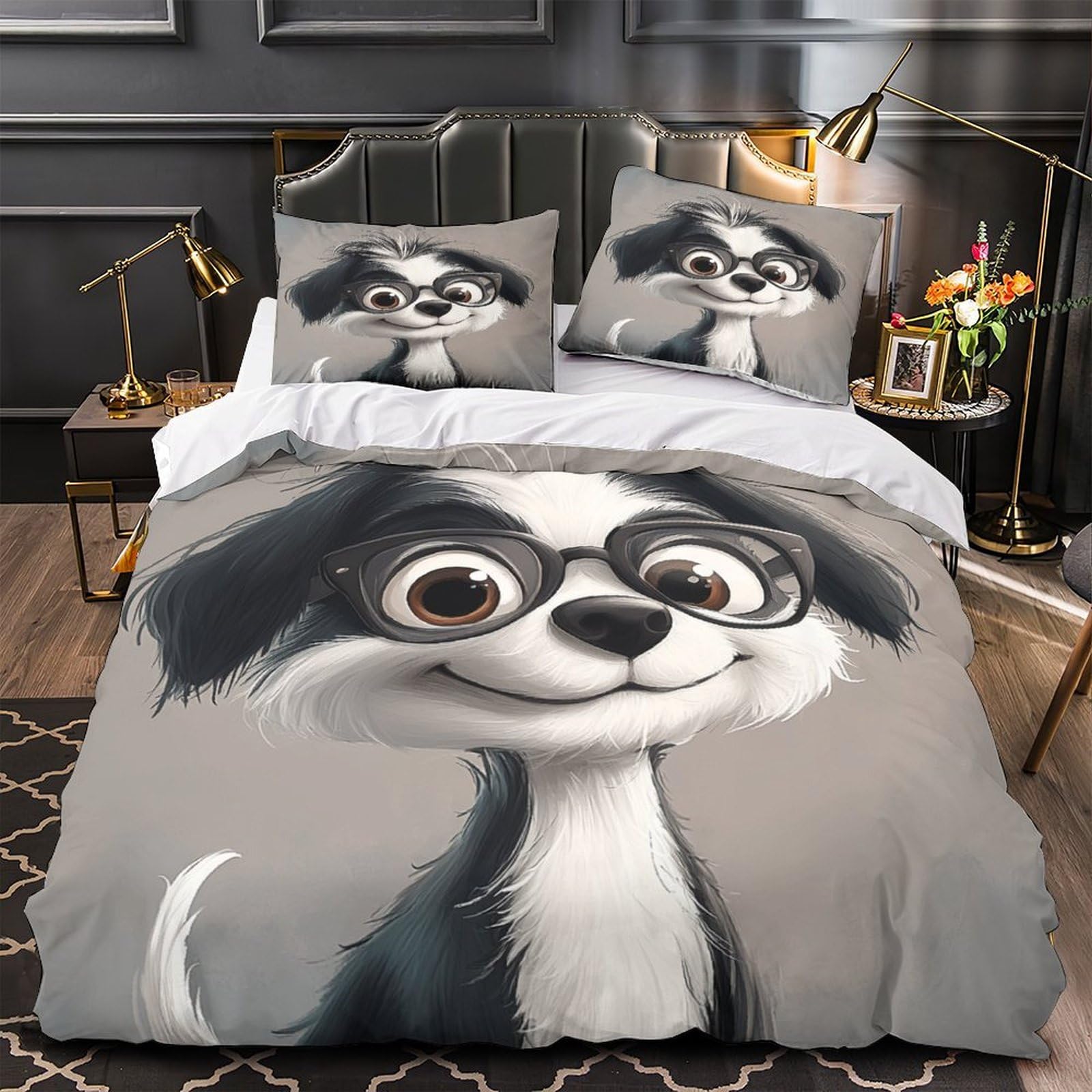 Housse de couette chien mignon 140x200 parure de lit microfibre pour homme