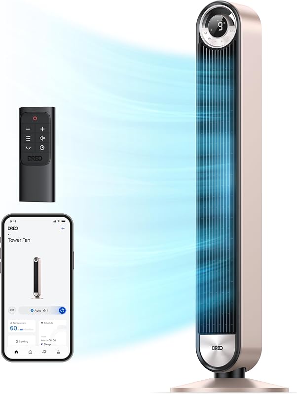 Ventilador de torre inteligente para dormitorio, ventilador oscilante sin aspas de 90° | Velocidad de 28 pies/s, ventilador de pie silencioso, motor de CC, 9 velocidades, 4 modos, temporizador de 12 horas, control remoto por voz, aplicación y luz de estrellas