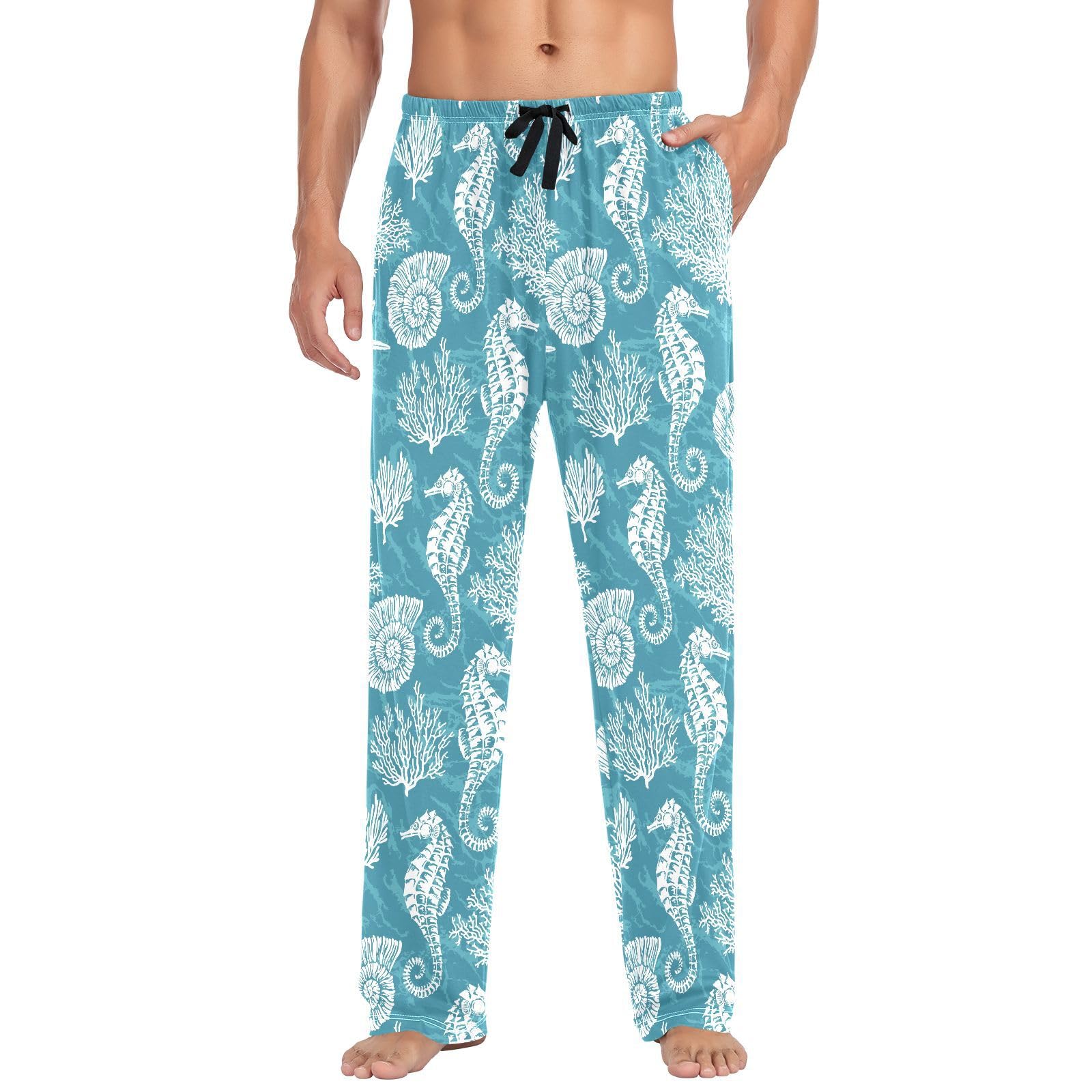 Herren-Pyjamahose mit Muschel, Seepferdchen, Koralle, 100 % Baumwolle, Schlafhose, gerade Passform, Pyjamahose mit Taschen, Kordelzug, Größe L, mehrfarbig, L