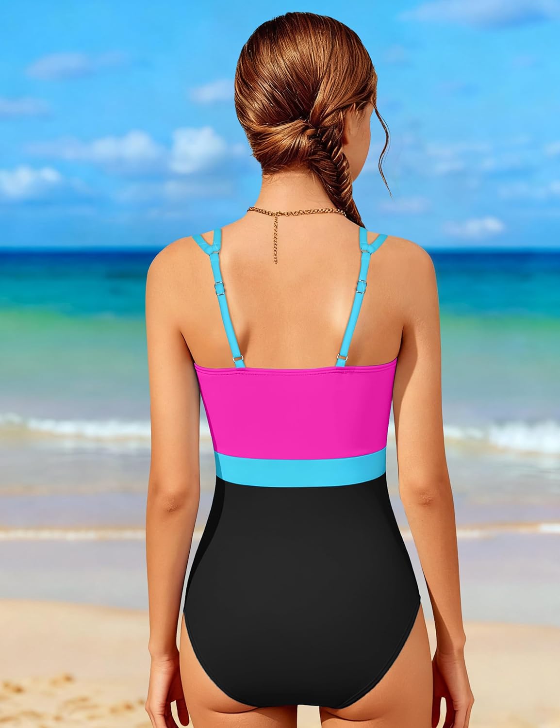 Qaoerde Girls Swimsuit One Piece Bathing Suit Color Block Waist Cutout Double Thin Shoulder Straps Swimwear 9-16Y - Image 3