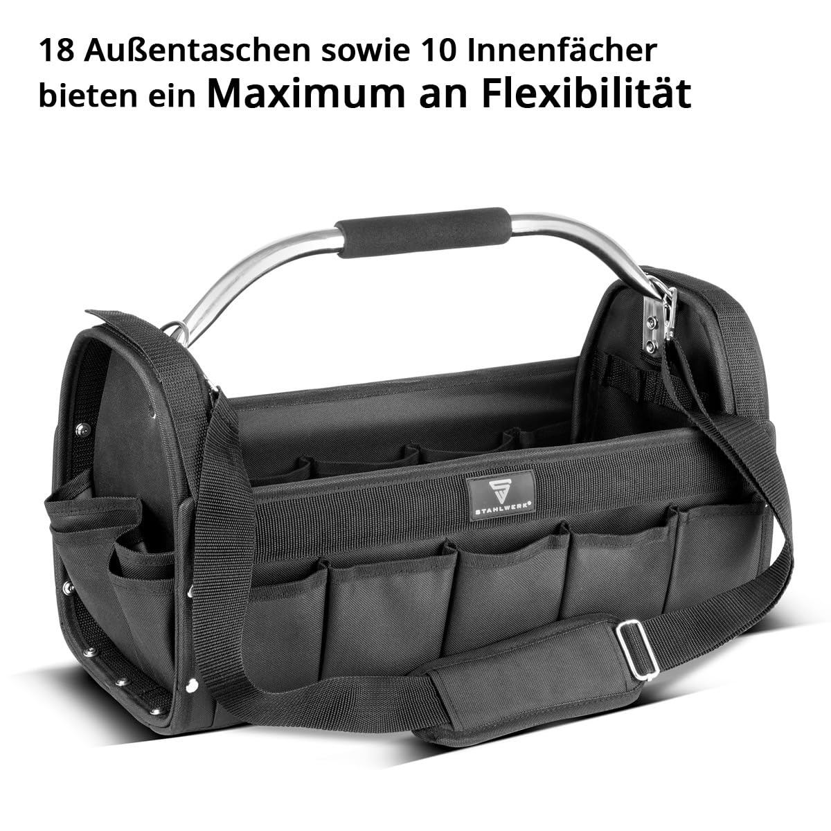 STAHLWERK Werkzeugtasche - 18 Außentaschen, 10 Innentaschen, robuste Installateur-Tasche, tragbarer Werkzeugkoffer, Montagetasche mit Tragegriff und Schultergurt, strapazierfähiges Polyester-Gewebe