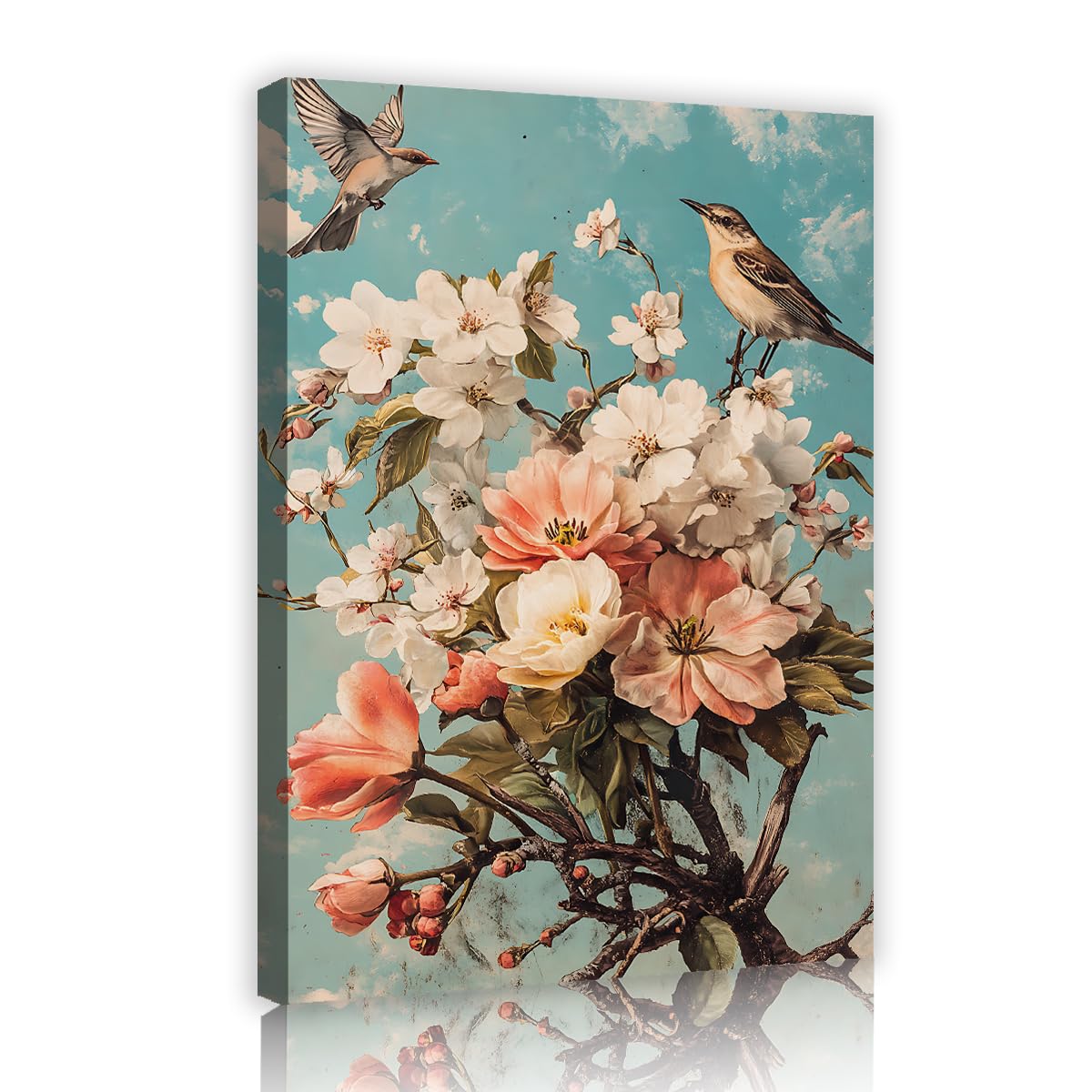 TOANGWALL Vintage Chinoiserie Floral Framed Canvas Artwork Elegant Garden Blossom Pink White Flower Branches Birds Sky Picture Gallery Wrapped Poster for Dining Room Hallway Decor 75x115cm