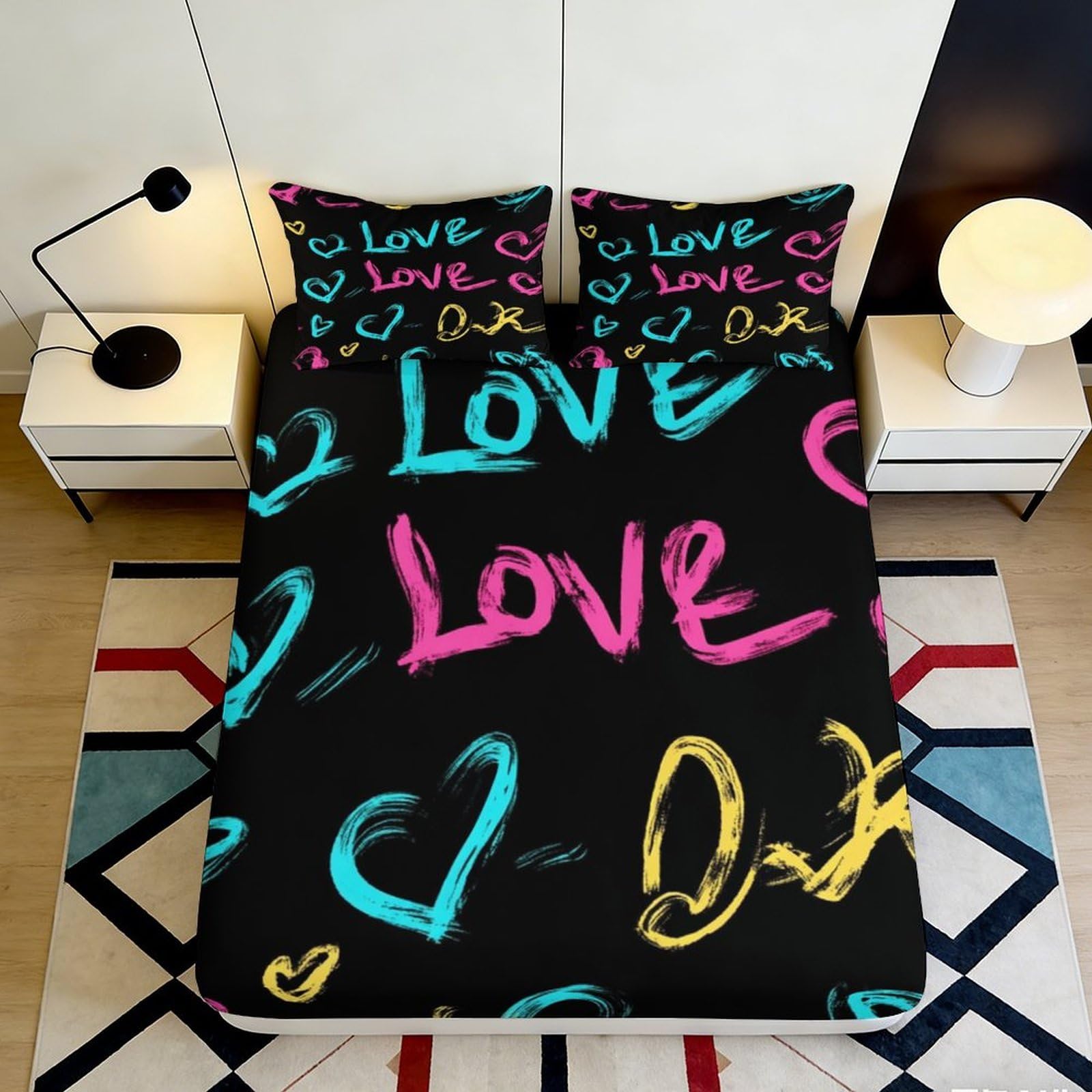 3D Printed Graffiti Love Heart Fitted Sheet Microfiber Colourful Letter Mattress Cover for Bedroom Decor Dorm Room 160x200x25cm