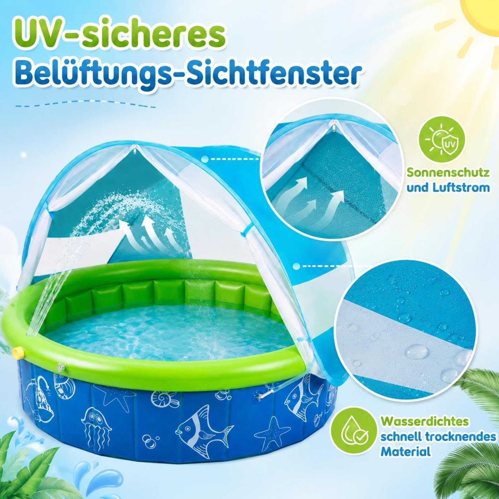 Kinderpool Mit Sonnendach - Faltbares Planschbecken | UV Schutzdach | 100 X 100 X 30 Cm - Faltbar Mit Tragetasche | UV Schutz Und Sichtfenster | Für Garten Camping Park Und Reisen