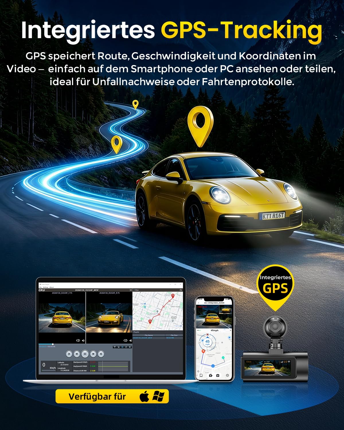 GKU Dashcam Auto Vorne Hinten 4K mit STARVIS 2, Dash Cam Auto