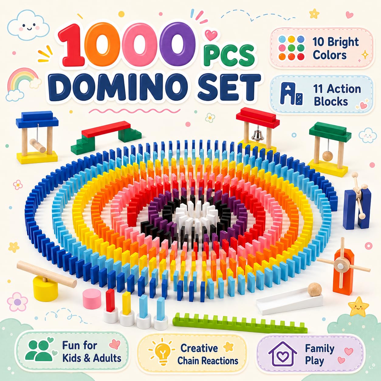 Amazon | 1000ピース ドミノセット 子供用 ブロック20個付き カラフル