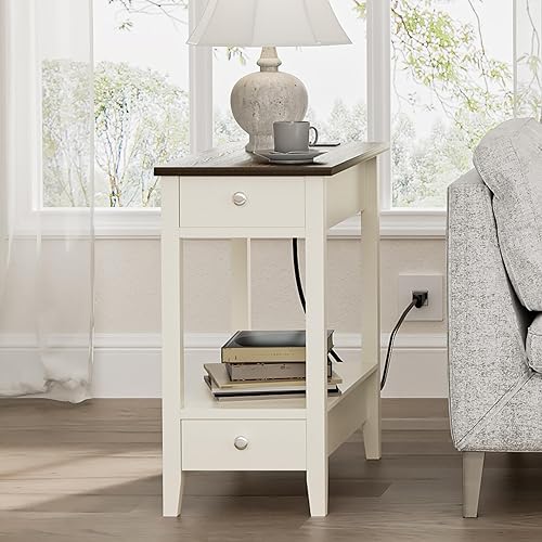 Miniatura 7 de Treocho Juego de 2 mesas auxiliares de granja para sala de estar, mesa auxiliar estrecha con estación de carga, mesa blanca suave para espacios