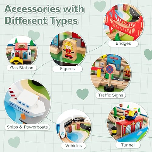 Miniatura 4 de INFANS Mesa de tren, 80 piezas de madera para niños con mesa reversible desmontable, pistas, tren, ferrocarril, ciudad, regalo para niños y niñas a