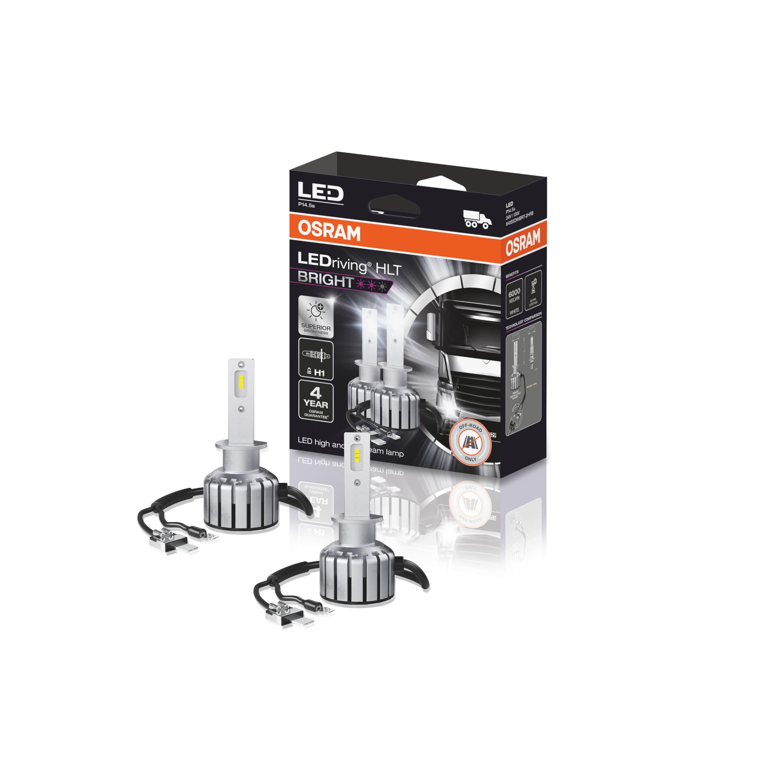 OSRAM LEDriving HLT BRIGHT, ≜H1, Lampade LED per camion 24V, fuoristrada, non ECE, 2 lampade