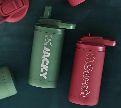 Miniatura 5 de Botella de agua personalizada para niños y niñas, vaso personalizado de acero inoxidable de doble pared de 12 onzas con tapa de popote