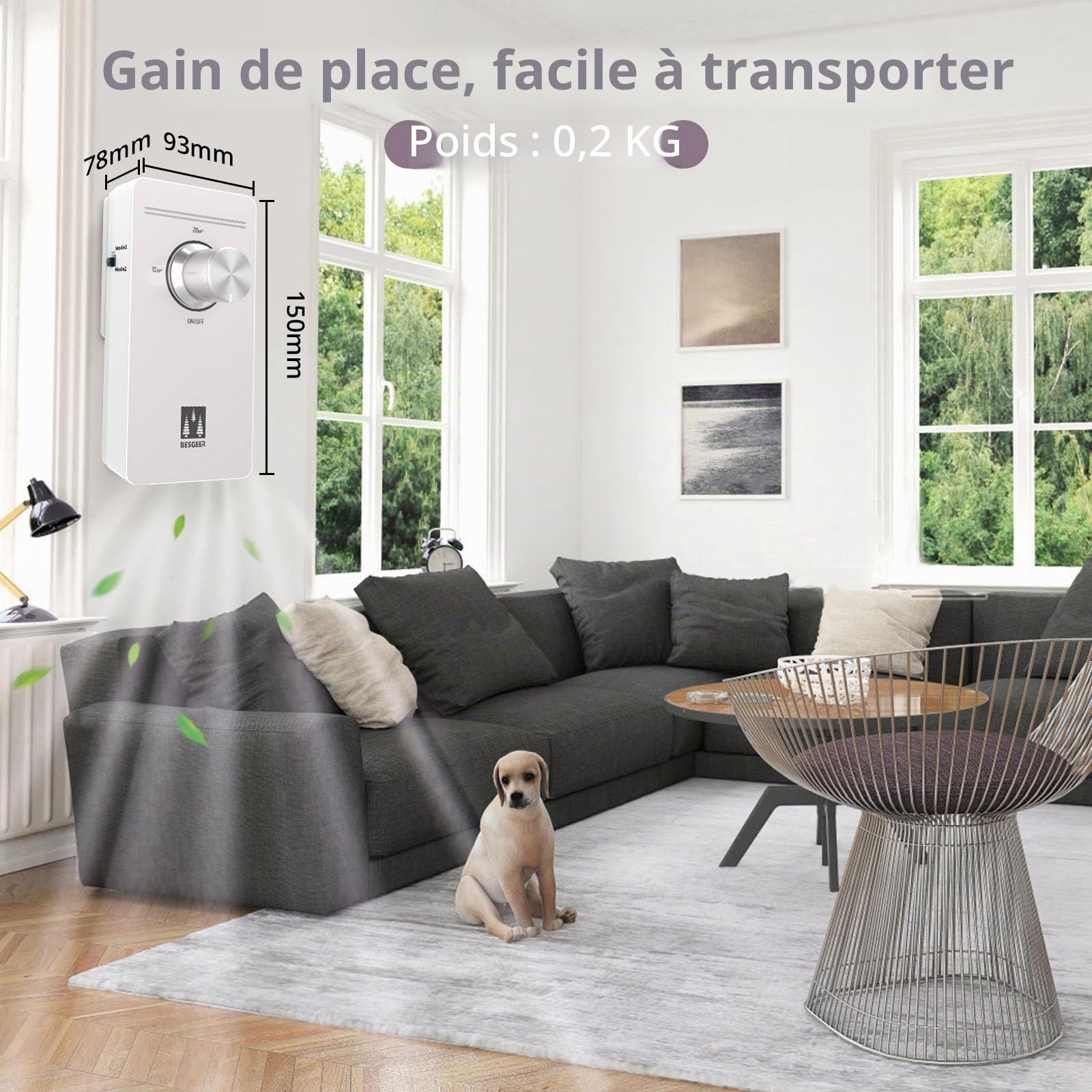 Générateur d'ozone Purificateur d'air, stérilisateur d'odeurs, purificateur d'air, générateur d'ozonizer pour chambre, salle de bain, animaux domestiques, formaldéhyde et odeur, haute efficacité