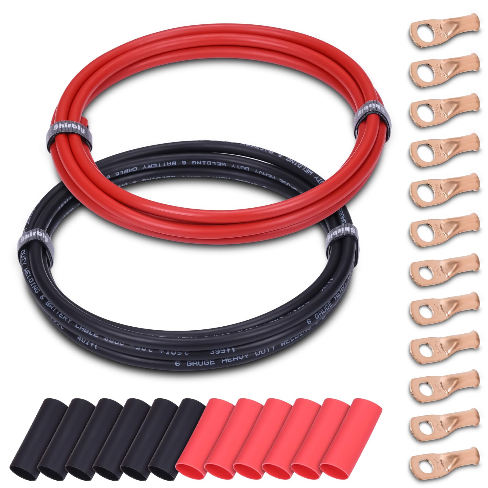 Cable de batería de 6 AWG, terminales de anillo de cobre rojo y