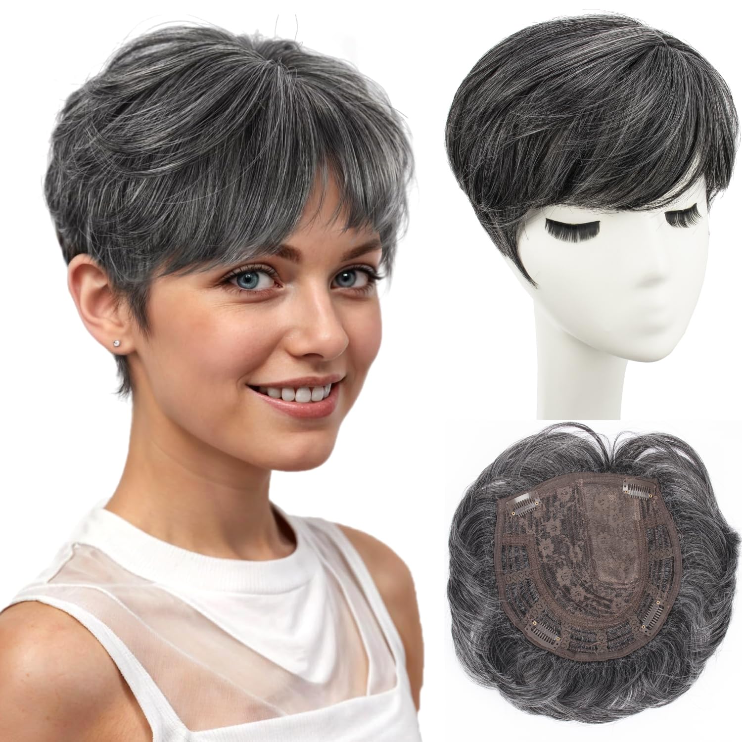 PORSMEER Ladies Magic Pixie Hair Topper Clip in for women Thinning Hair Black Grey Natural Looking Synthetic Hair Pieces Replacement Wiglets with Fringe Add Hair Volume