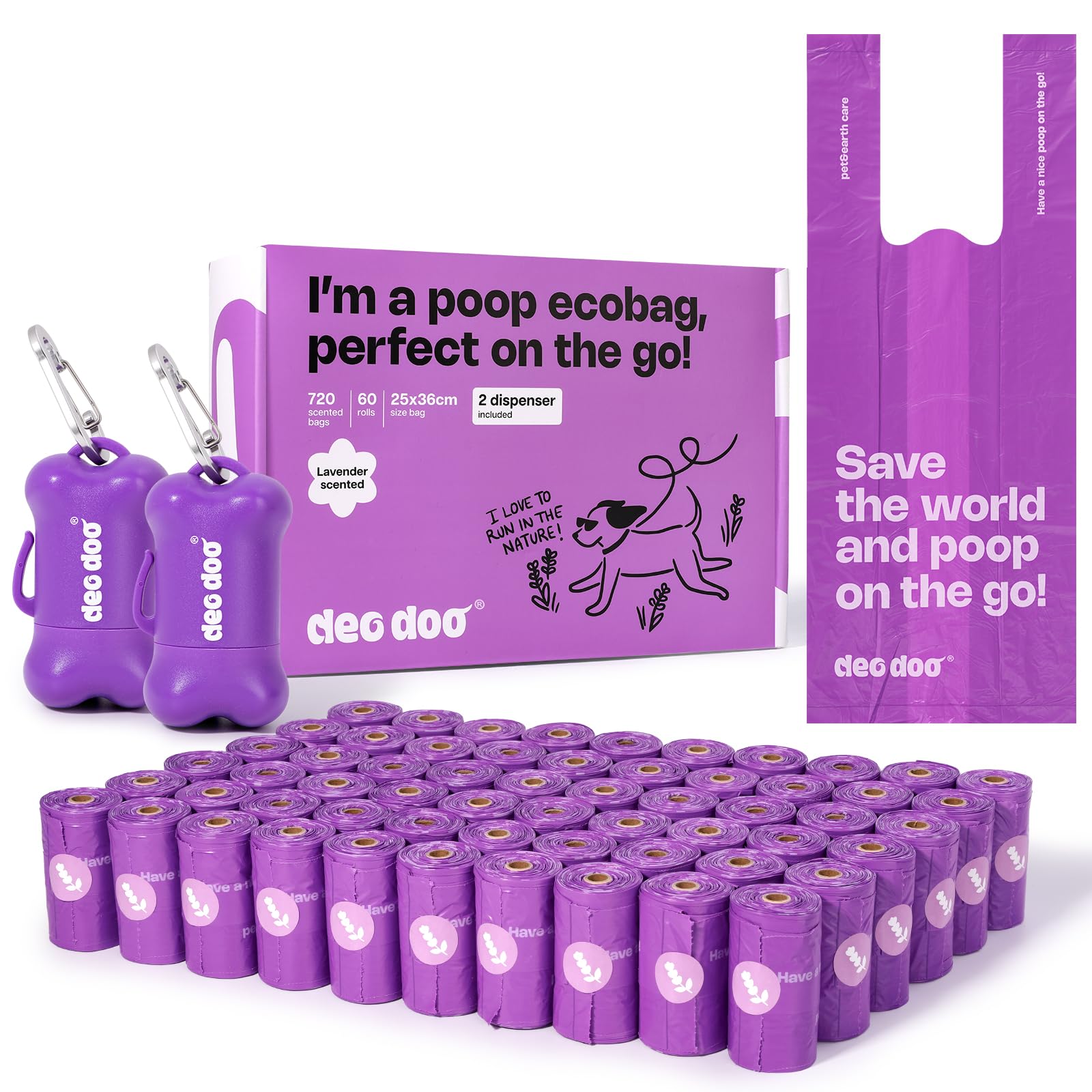 Deo Doo Dog Poop Bags with Handles 60 Rolls 720 Counts Big Sizes Leak Proof and Extra Thick Waste Bags Refill Rolls for Walking Small Medium Large Dogs Cats Litter With 2 Holders Lavender Scented