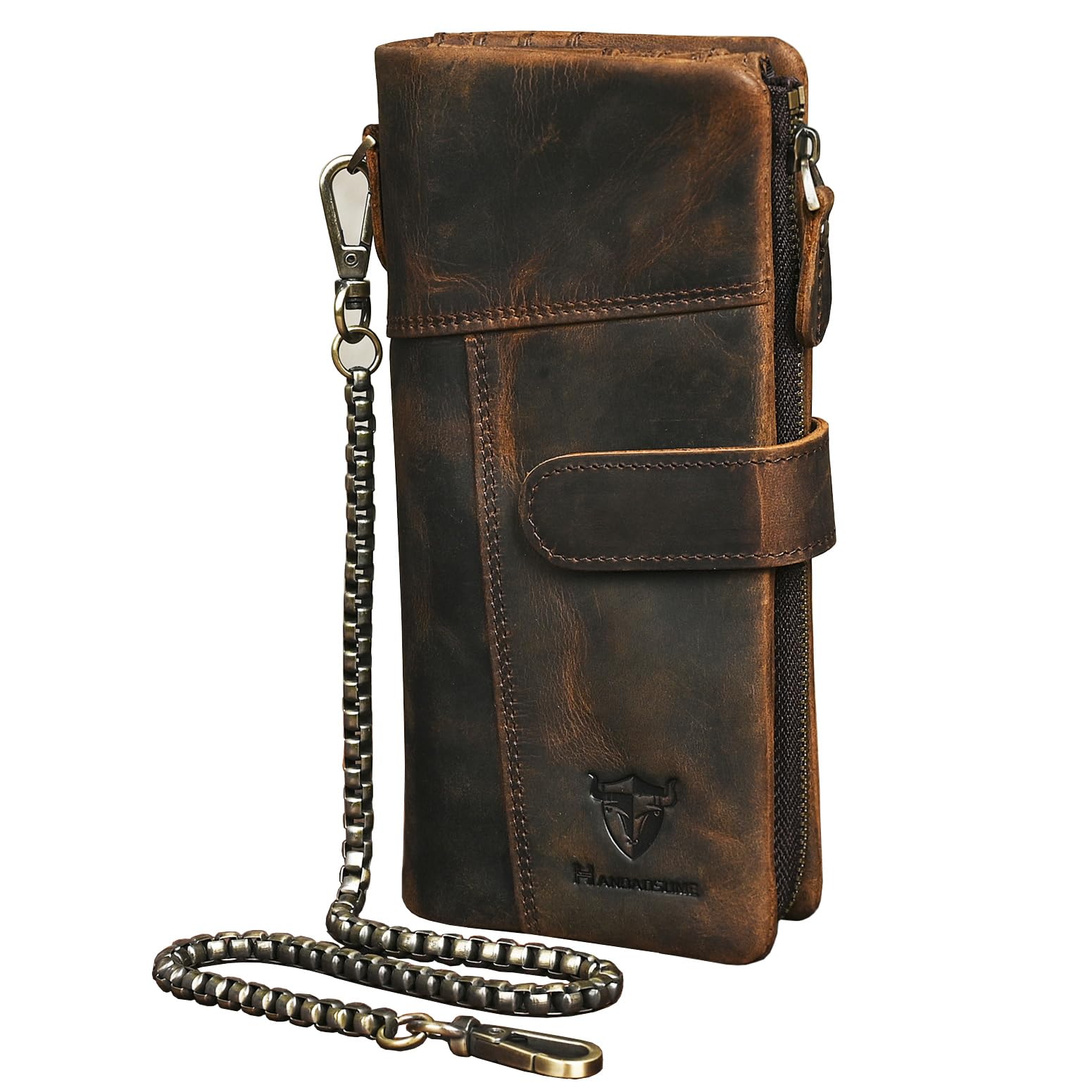 Handadsume Genuine Crazy Horse Leather Travel Gift Coin Pocket Card Case Long Organizer Chain Rfid Wallet Purse With Snap For Men Male 1803 1815 (