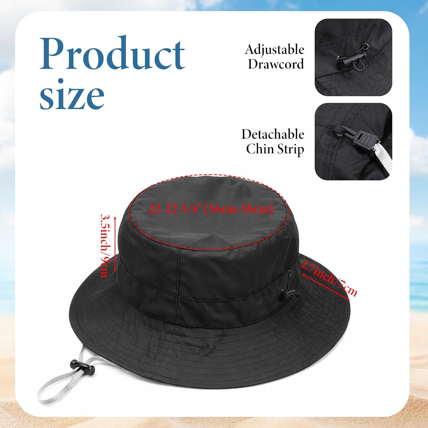 Travel Waterproof Summer Sun Bucket Hat Packable Quick Dry Beach Hats for Women Lightweight Outdoor Rain Hat with Adjustable Chin Strap Travel Hiking Fishing Cap for Women Men Black