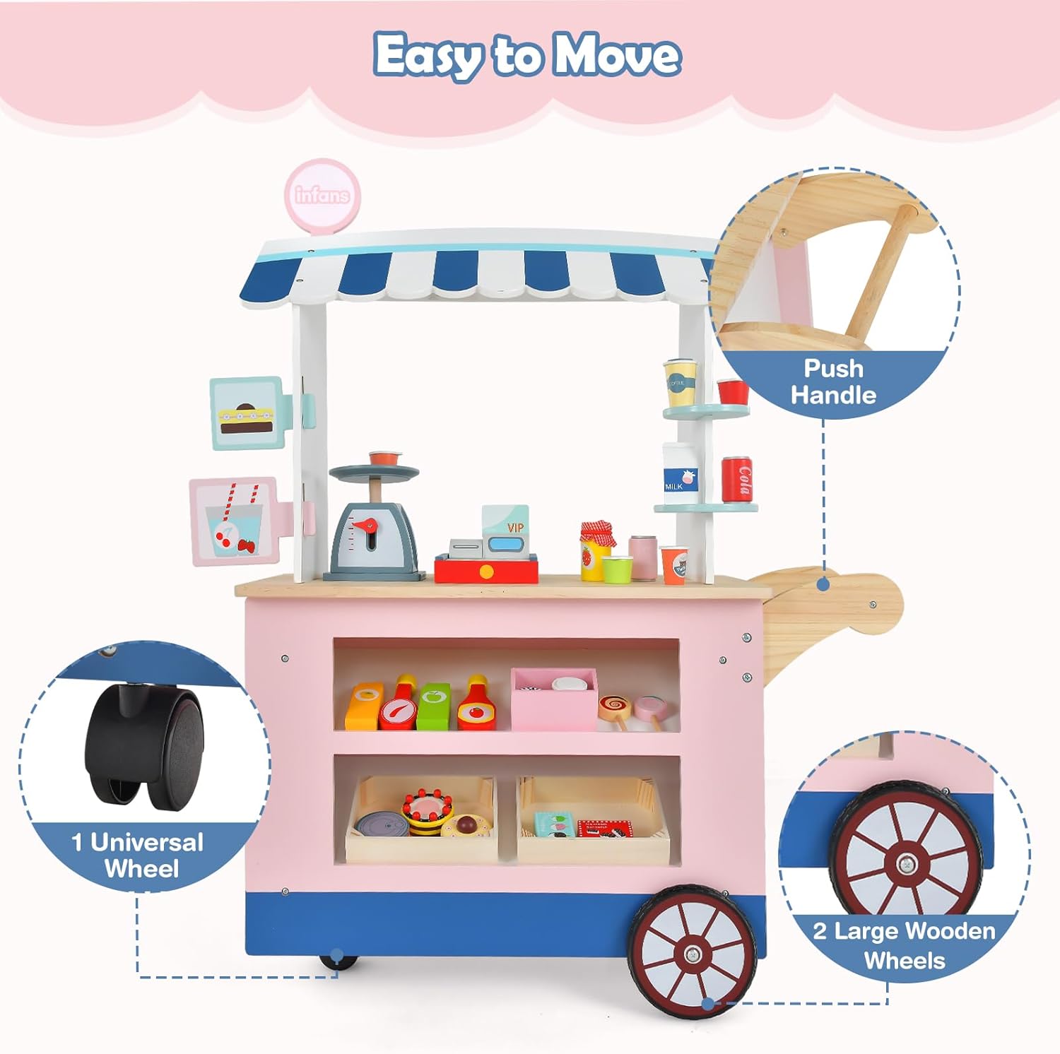 INFANS Wooden Grocery Store Marketplace Toy, Market Stand Shop Pretend Play Set with Universal Wheel Food Scale Cash Register Beverage Rack 30 Accessories Gift for Ages 3+