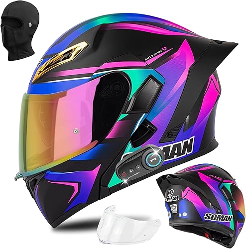 Casco de motocicleta Bluetooth, aprobado por DOT, capucha de doble cara, tipo flip tipo micrófono integrado con doble altavoz, adecuado para