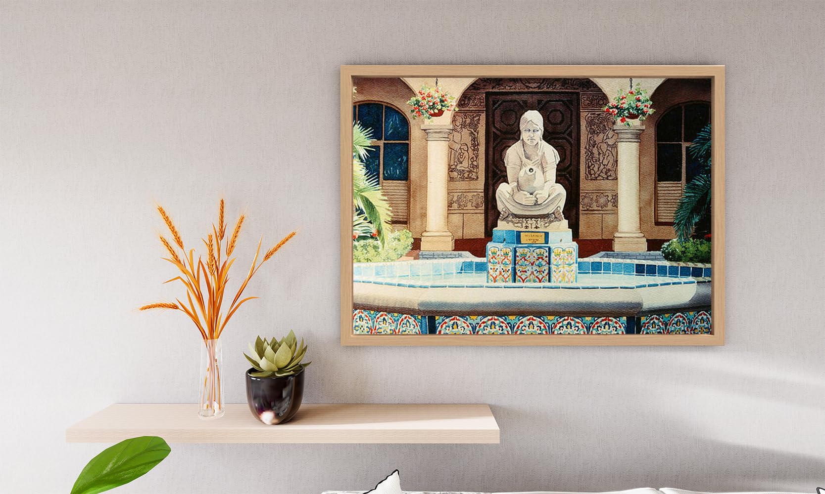 VERRE ART Printed Framed Canvas Painting for Home Decor Office Wall Studio Wall Living Room Decoration (14x10inch Wooden Floater) - Fountain At Cafe Del Rey Moro