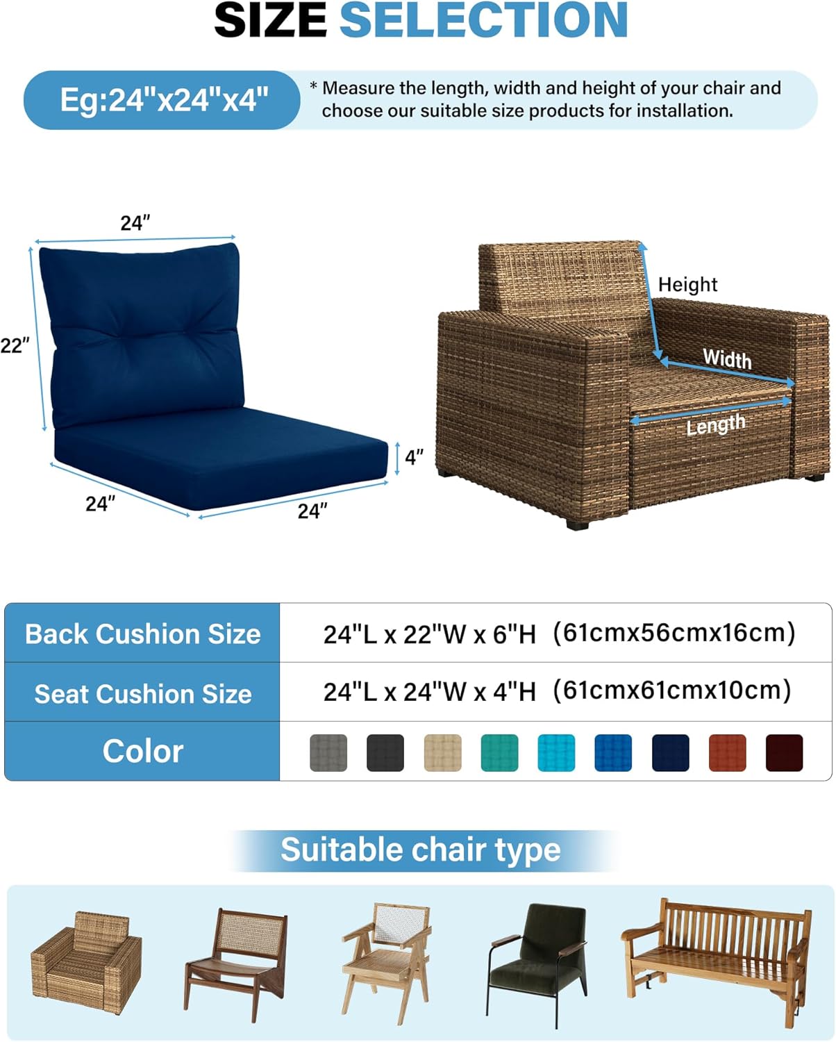 YEFU Deep Seat Set, 2-Piece 24 x 24 Inch Cushion, Navy