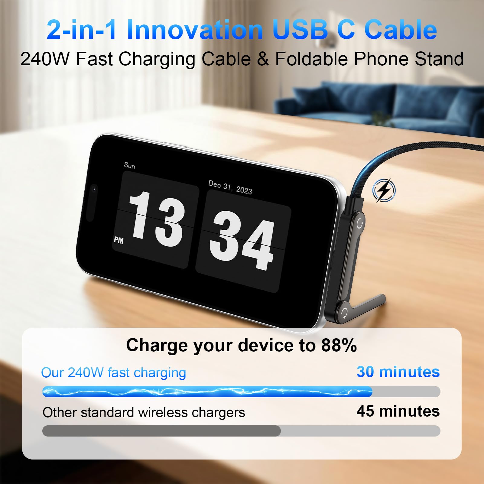Cavo di ricarica invisibile da 240 W da USB C a USB C, cavo di ricarica rapida ad angolo retto da 1,5 m, con supporto per telefono integrato, cavo USBC piatto per Samsung S26 Ultra S25 A17 S24, iPhone