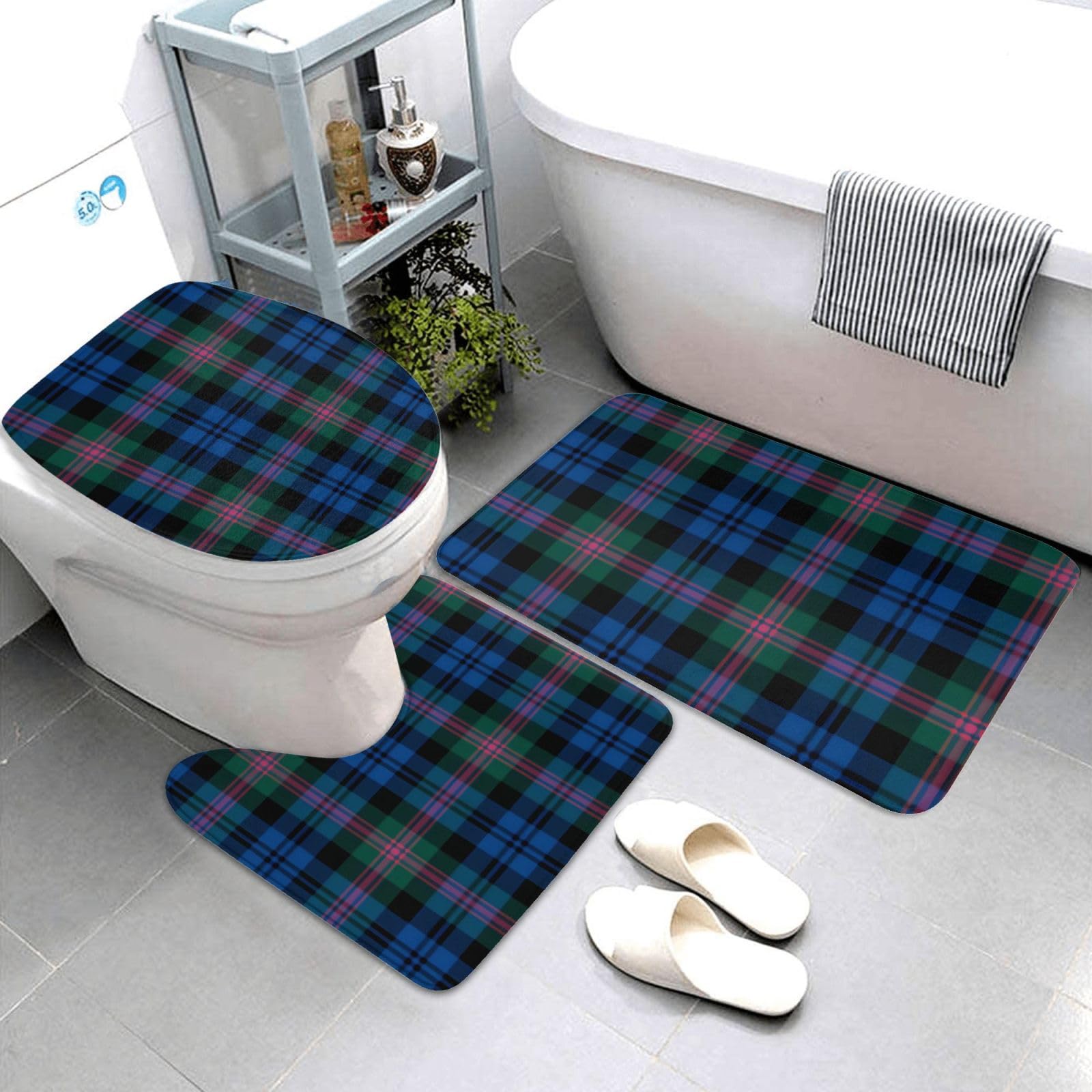 Set di 3 tappetini da bagno a righe in flanella morbida antiscivolo con coperchio per la decorazione della casa