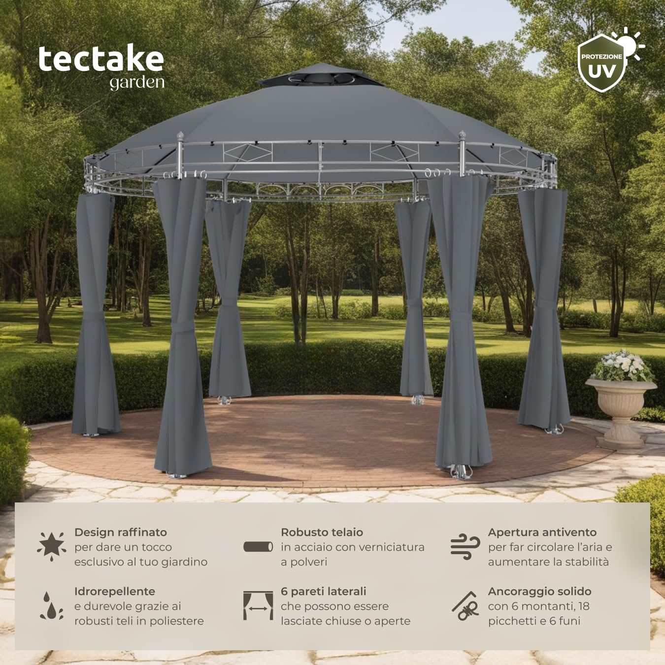 tectake® Gazebo da Giardino Deluxe, Gazebo Esterno Resistente con Teli Laterali, Gazebo da Esterno Regolabile, Gazebo Impermeabile, Resistente ai Raggi UV, Design Elegante - Antracite