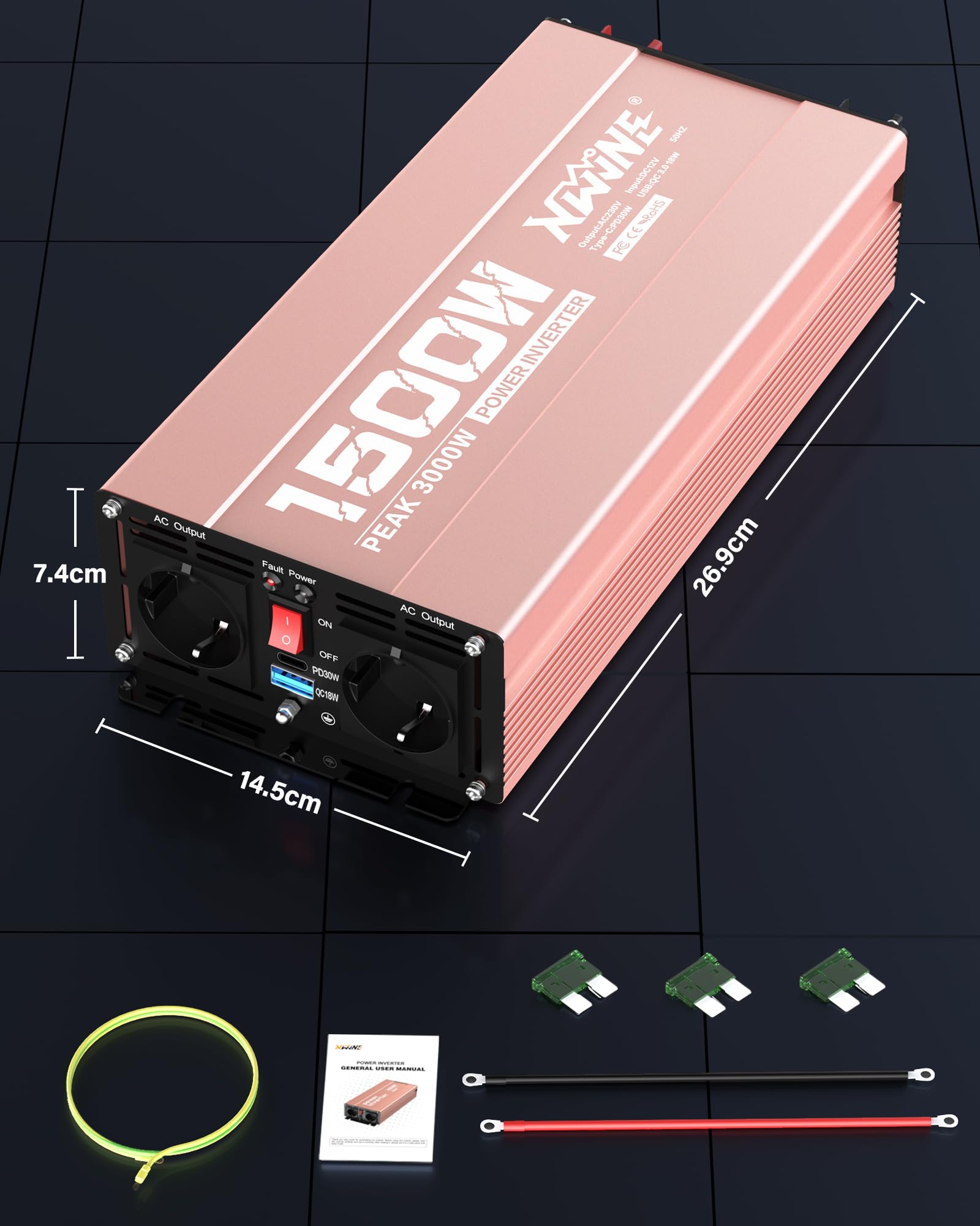 XWJNE 1500W Inversor 12V a 220V, Convertidor para Coche con 1 Enchufe EU, 2 Puertos USB-A, 2 Puertos USB-C, Inversor de Corriente Onda Sinusoidal Modificada con Pantalla LCD y Control Remoto