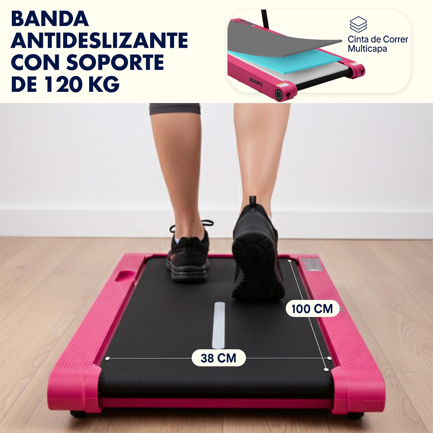 Squatz Cinta de Andar y Correr, Caminadora 2 en 1, Pad de Caminata y Barra de Sujecion con Placas de Vibracion, Pantalla LED, Soporte para Dispositivo, Mando a distancia, Fitness en Casa u Oficina
