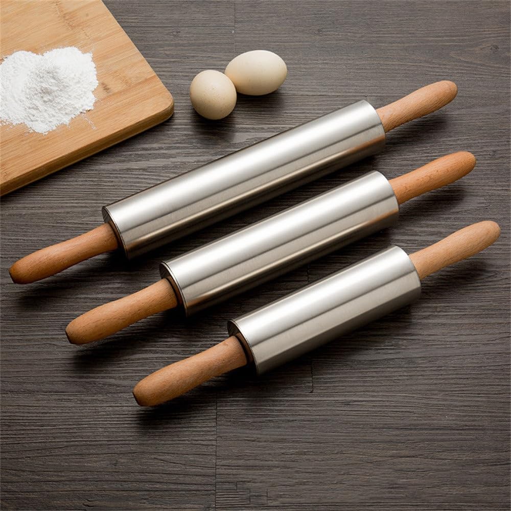 Rodillo de acero inoxidable con asas de madera, utensilios de cocina de 38 cm para hornear, duradero y fácil de limpiar, rodillo para repostería y masa