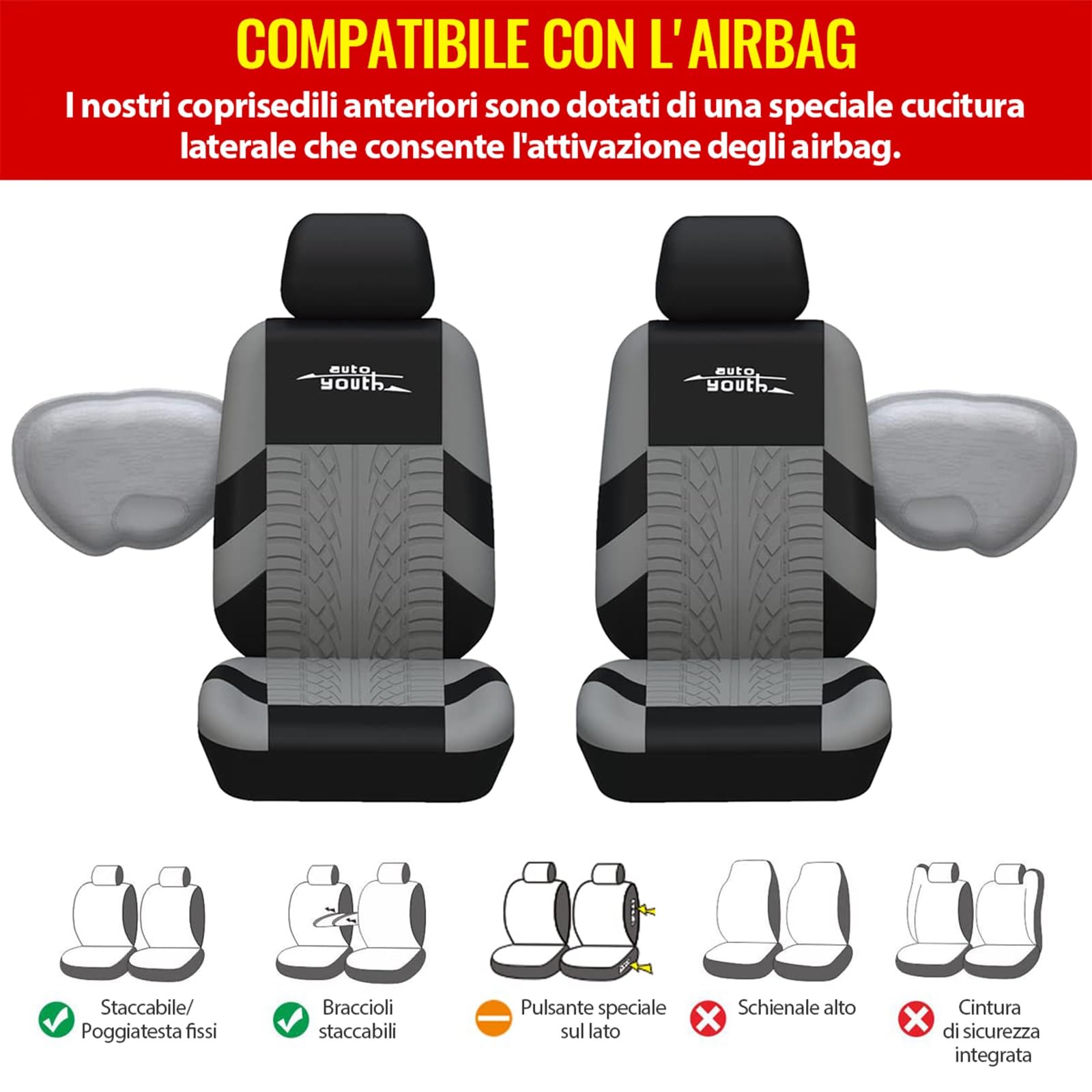 AUTOYOUTH Copri Sedili Auto Universali Compatibile Airbag Laterale Nero Grigio